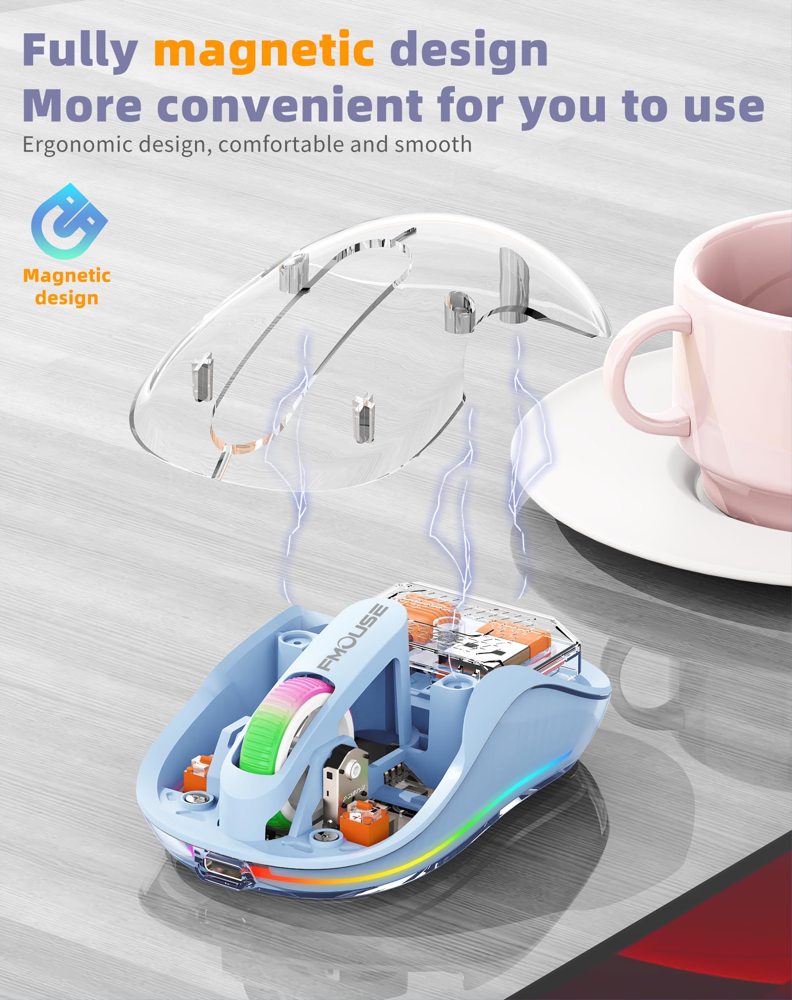 Fmouse Unique Transparent Bluetooth Mouse With Usb & Type C Two Receiver, Small Portable Wireless Rechargeable Mice For Macbook/