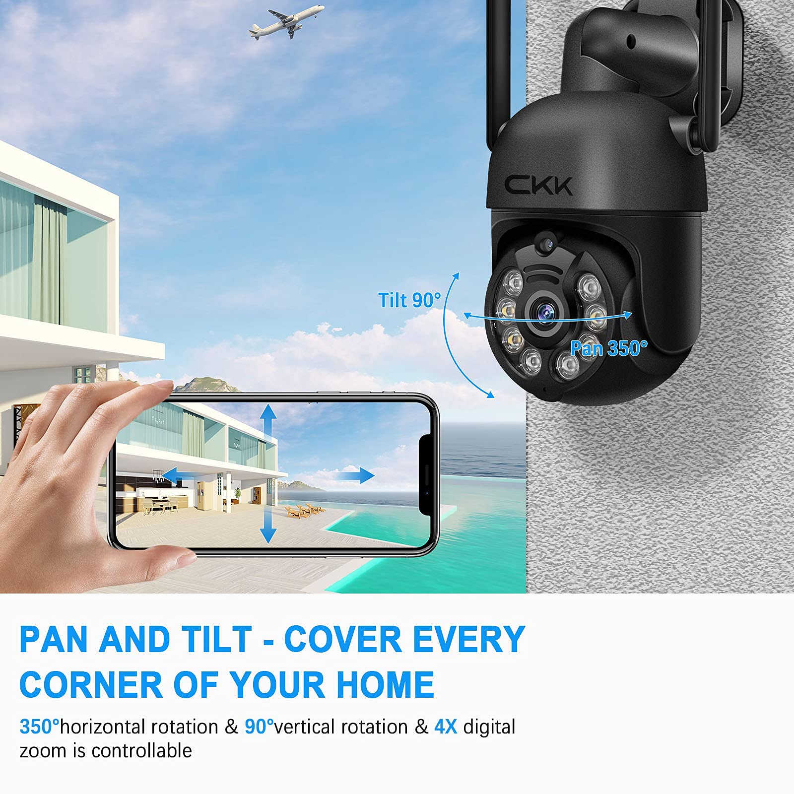 Wireless Security Camera System, 4Pcs 3Mp Ptz Cameras Outdoor Indoor, Ckk Wifi Surveillance Nvr System With Floodlights & Siren Alarm, 2 Way Audio, 24/7 Record, Expandable 10Ch, No Hdd