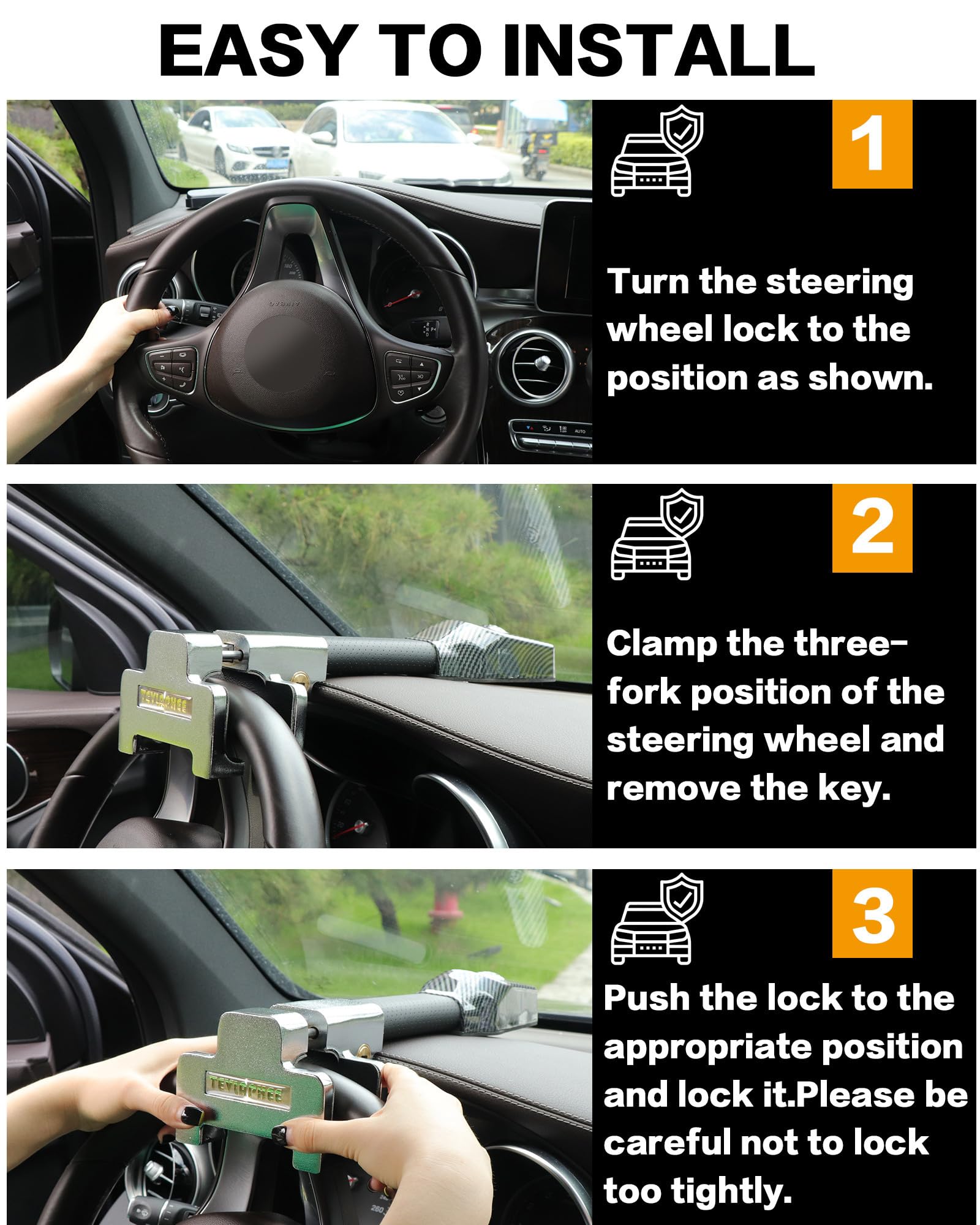 Tevlaphee Steering Wheel Lock With Alarm,Heavy Duty Anti Theft Car Device Car Lock Car Theft Prevention Universal Fit For Vehicl