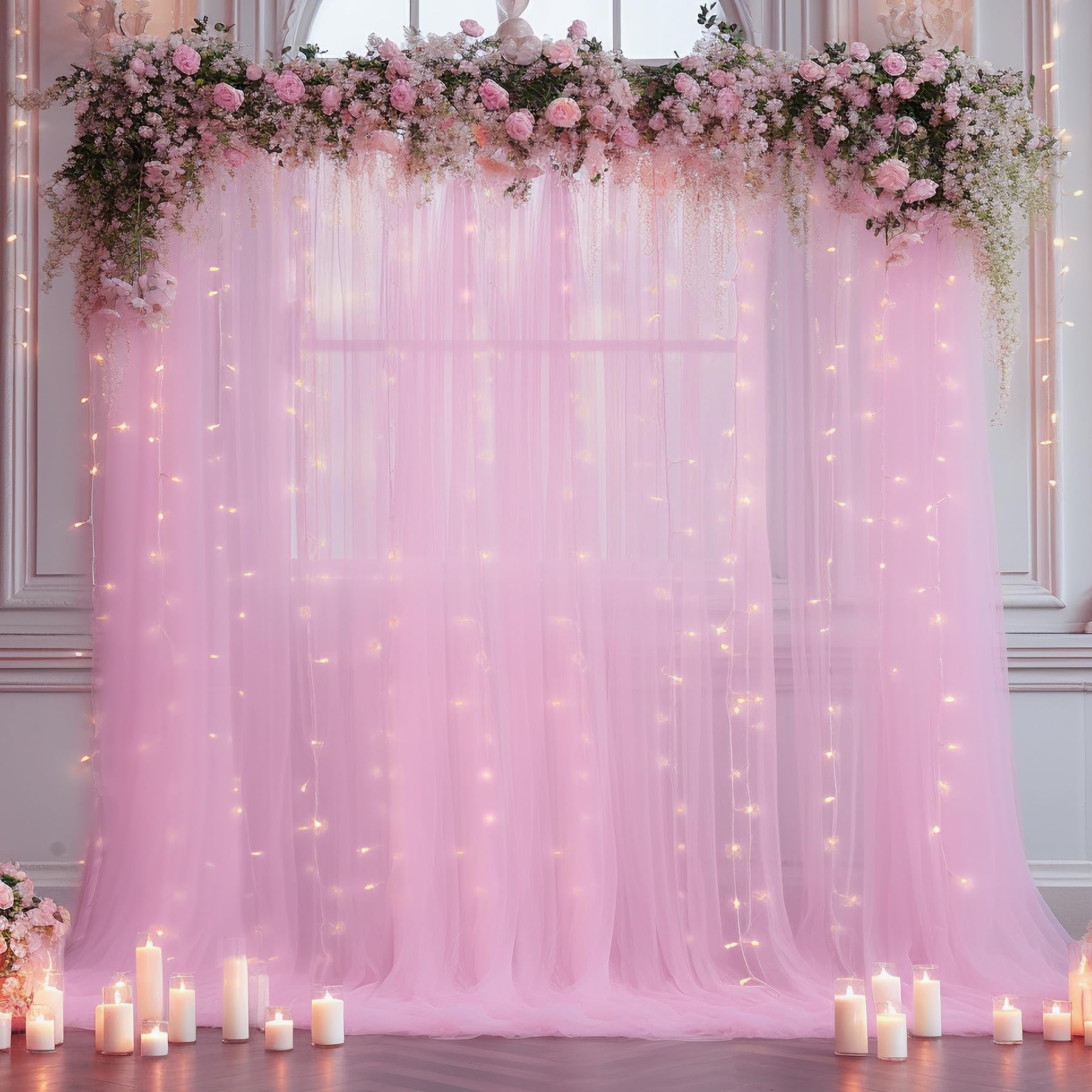 10X10 Pink Tulle Backdrop Curtains For Parties, Sheer Backdrop Curtain Wedding Photo Backdrop Drapes For Baby Shower Photography