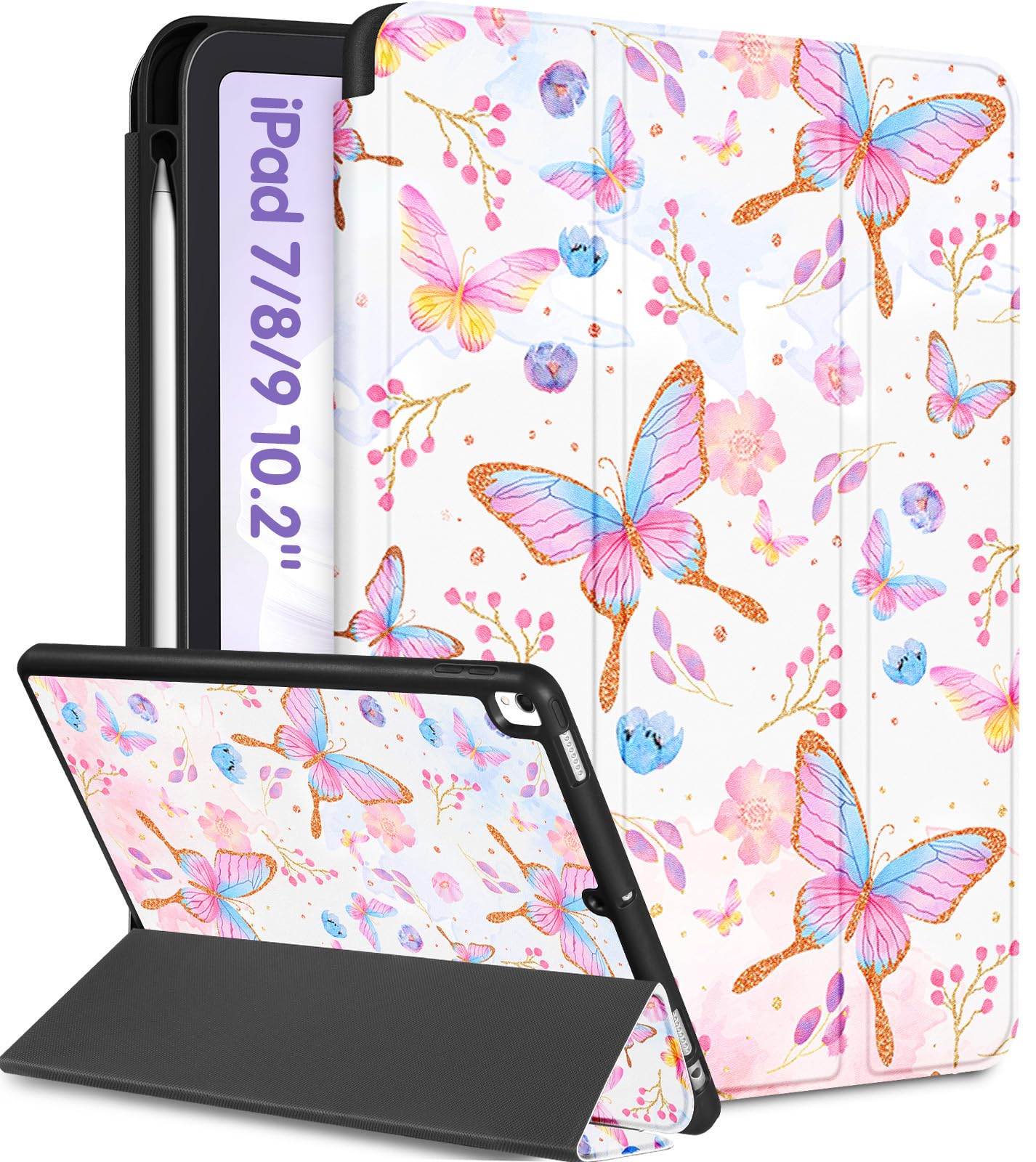 Uppuppy For Ipad 9Th/8Th/7Th Generation Case 10.2 Inch Girls Cute Women Folio Smart Cover Pencil Holder Butterfly Floral Aesthet