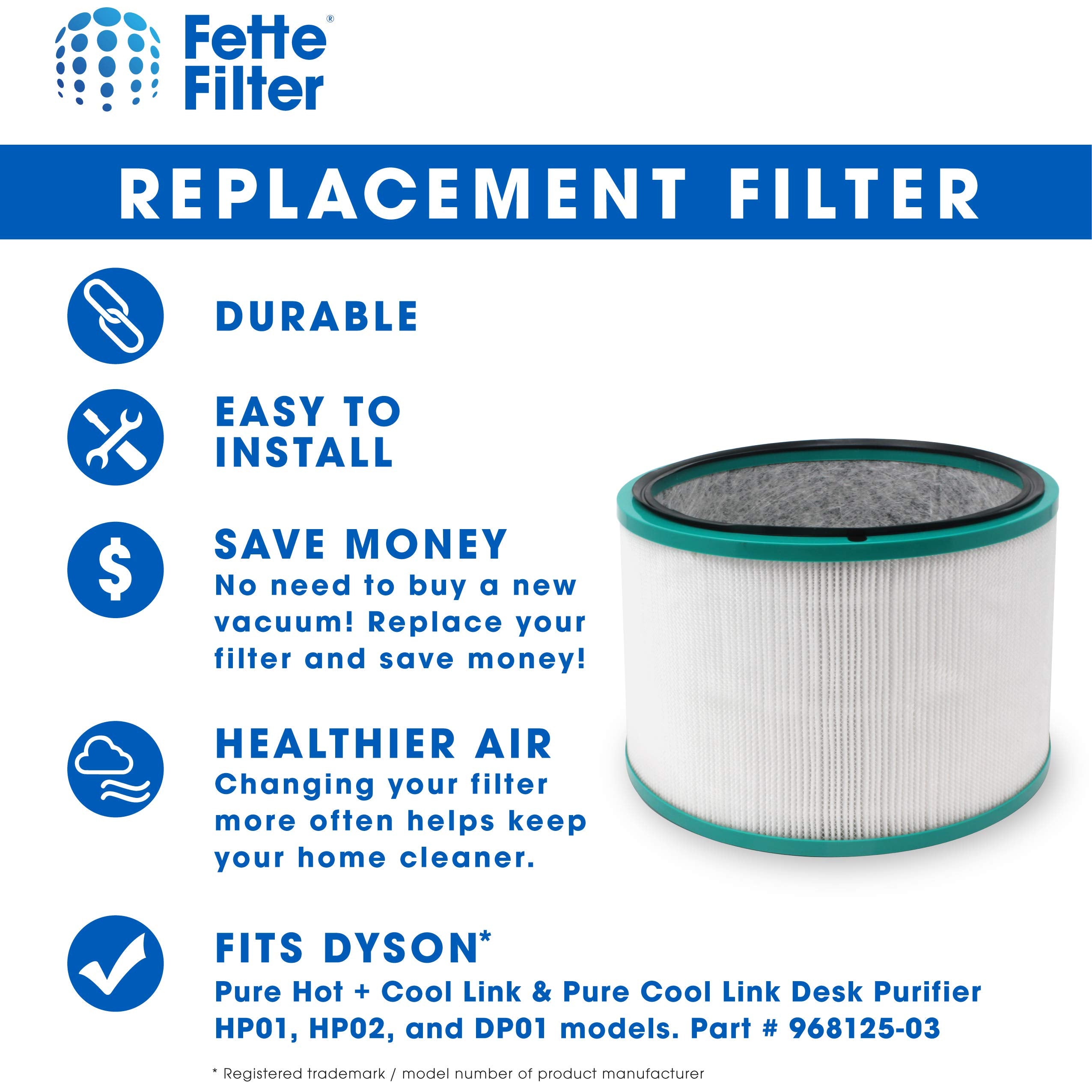 Fette Filter - 968125-03 Premium H13 True Hepa 360 Glass Filter Compatible With Dyson Hp01 Hp02 Dp01 Dp02 For Dyson Pure Hot Coo