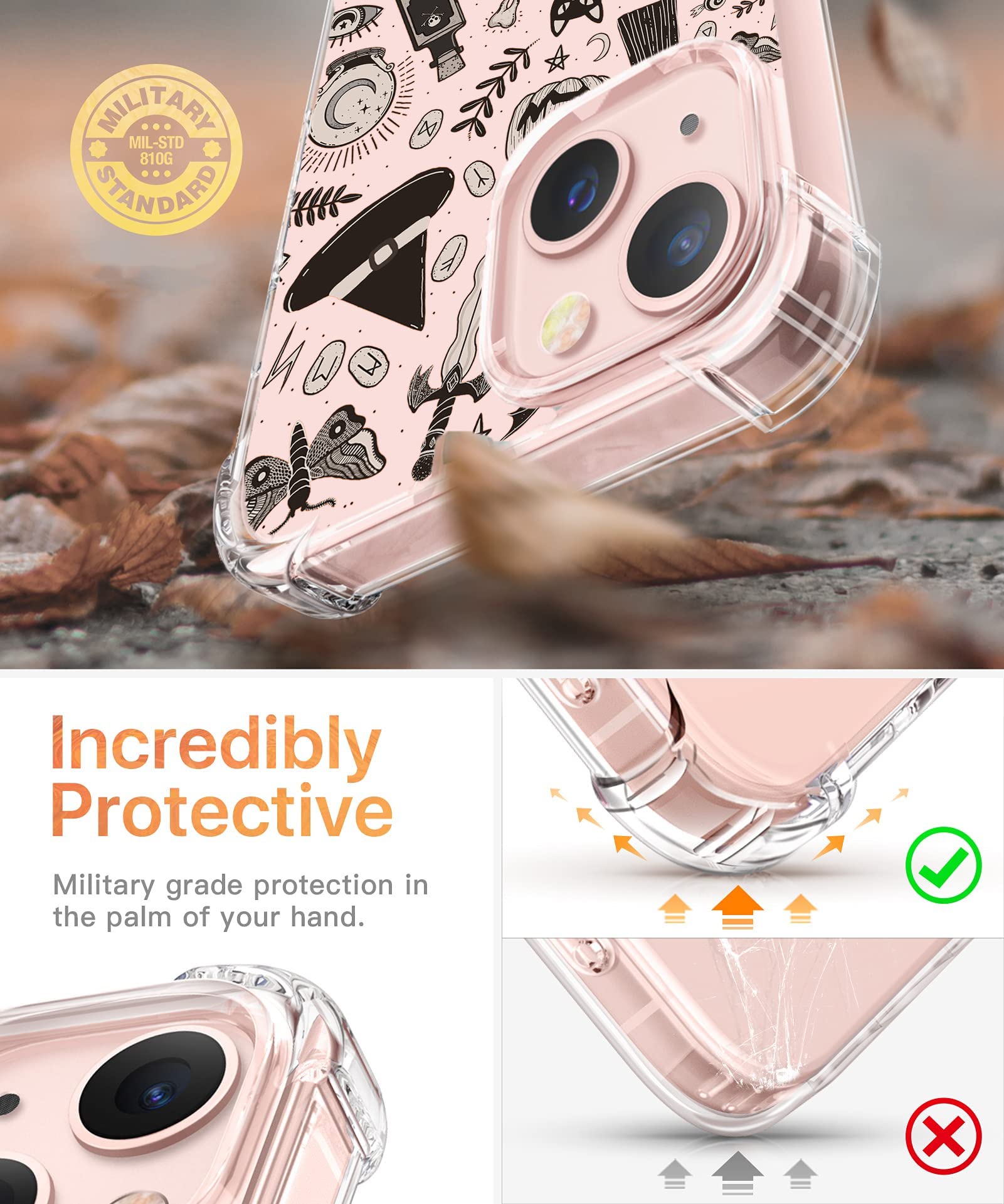 Vesidurt Black Halloween Clear Case For Iphone 14,Pumpkin Skull Bat Pattern For Men Women,Trendy Transparent Soft Tpu Bumper Cas
