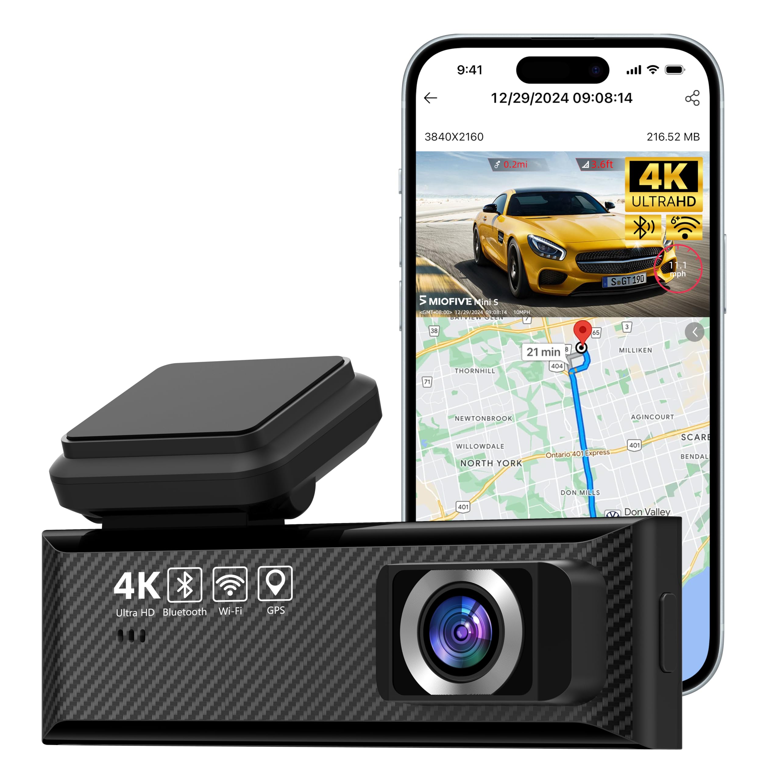 Miofive Smart Dash Cam, 2160P UHD Dash Camera for Cars, Mini S Car Camera with Wi-Fi, GPS, WDR, Night Vision, G-Sensor, App, Loo