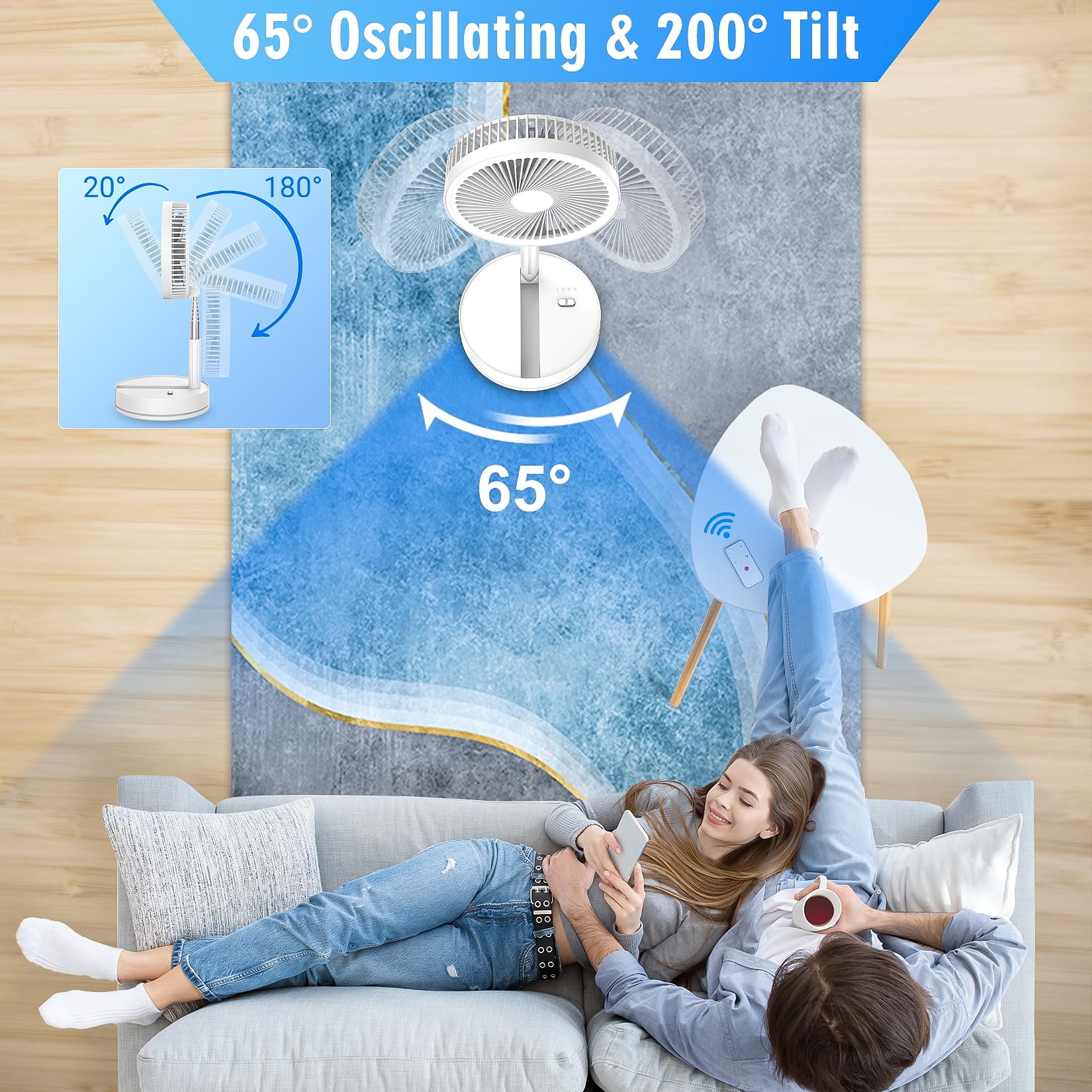 Lipety 9'' Portable Standing Oscillating Fan With Remote   7200Mah Rechargeable Battery Tall Floor Foldable Travel Fan For Sleep