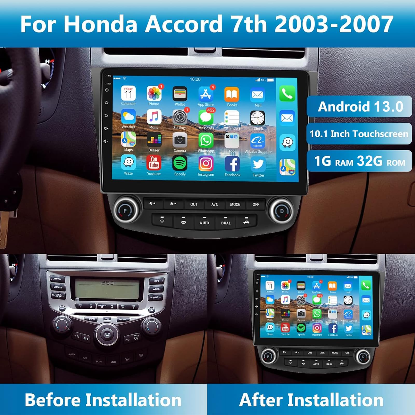 For Honda Accord 2003 2007 Android Car Radio Stereo 10.1 Inch Capacitive Hd Touch Screen Mirror Link Gps Navigation Head Unit With Wifi Bluetooth Usb Fm Car Audio Steering Wheel Controls