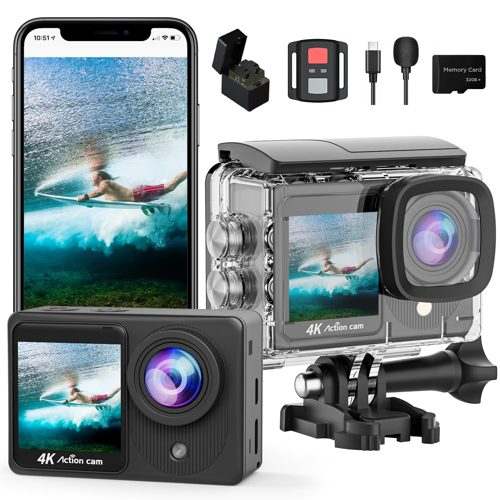 4K30Fps Dual Screen Action Camera, Pre Recording Hd 20Mp Touchscreen Video Camera, 131Ft Waterproof Cameras,2.4G Remote Control 