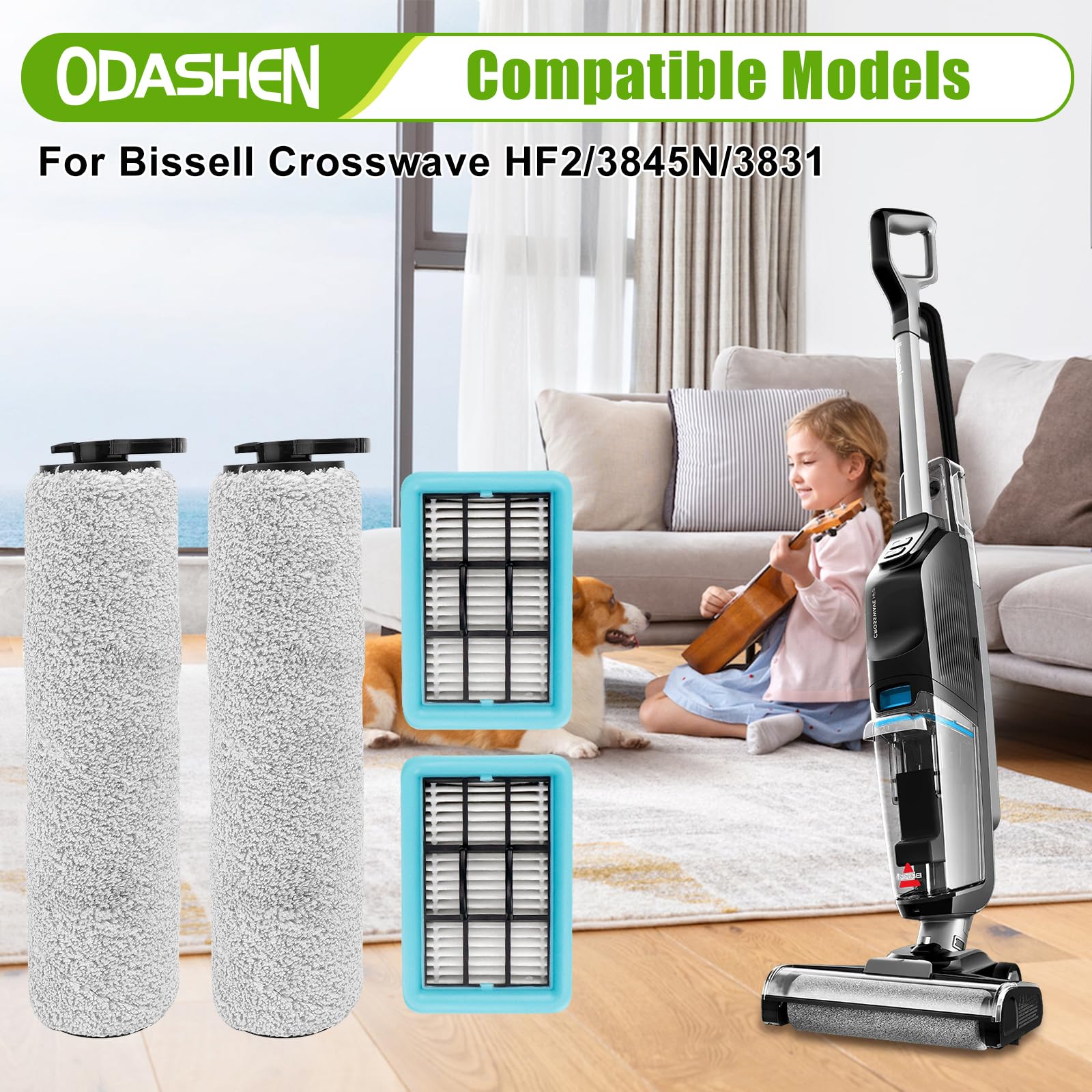Odashen 4Pcs Vacuum Cleaner Brush Roll Filter Replacement Parts For Bissell Crosswave Hf2/3845N/3831 Floor Scrubber, 2 Brush Rol