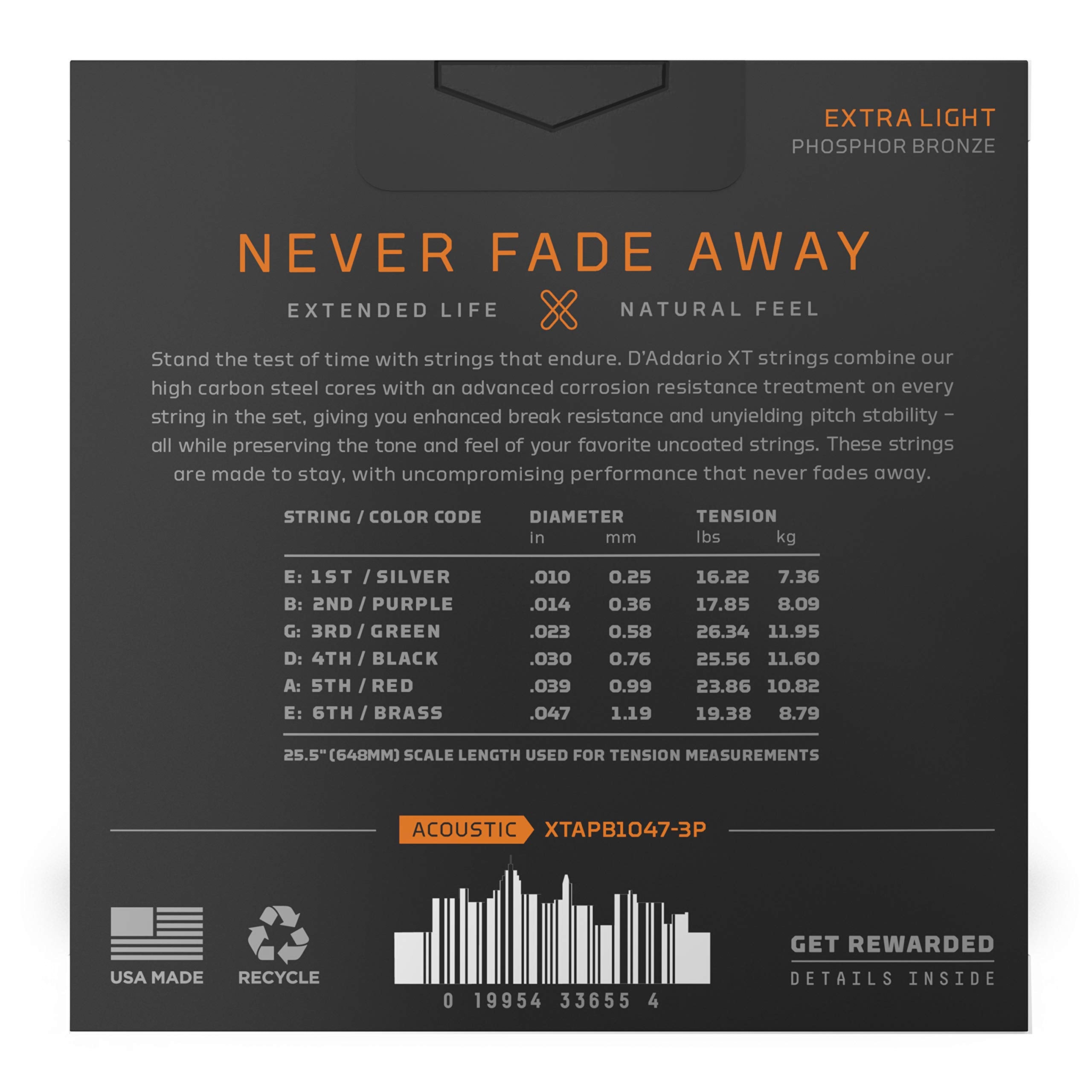 D'Addario Guitar Strings   Xt Phosphor Bronze Coated Acoustic Guitar Strings   Xtapb1047 3P   Extended String Life With Natural