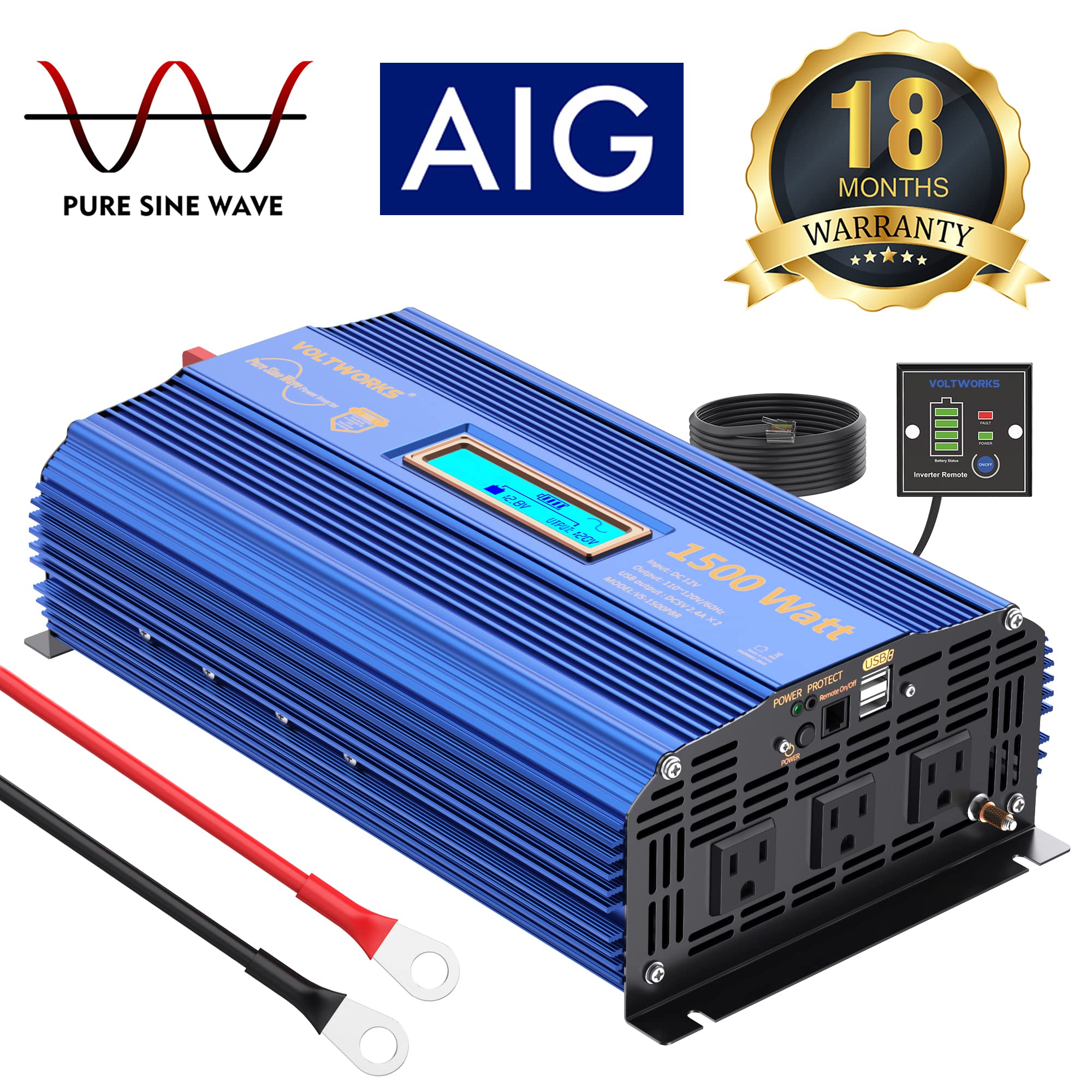 1500W Pure Sine Wave Power Inverter Dc 12V To Ac 110V 120V With Remote Control Lcd Display And 2X2.4A Dual Usb Ports 3 Ac Outlet