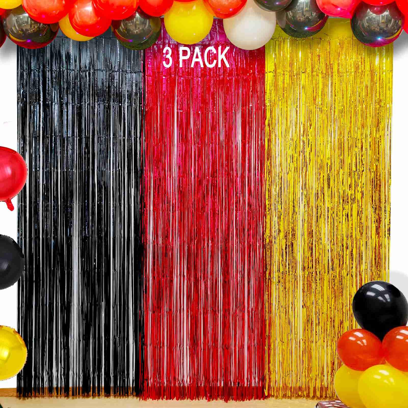 EUFARS Party Decorations - 3 Pack of 3.2x8.2ft Red Black Gold Tinsel Fringe Backdrop Streamers Curtains for Red Black Gold Party