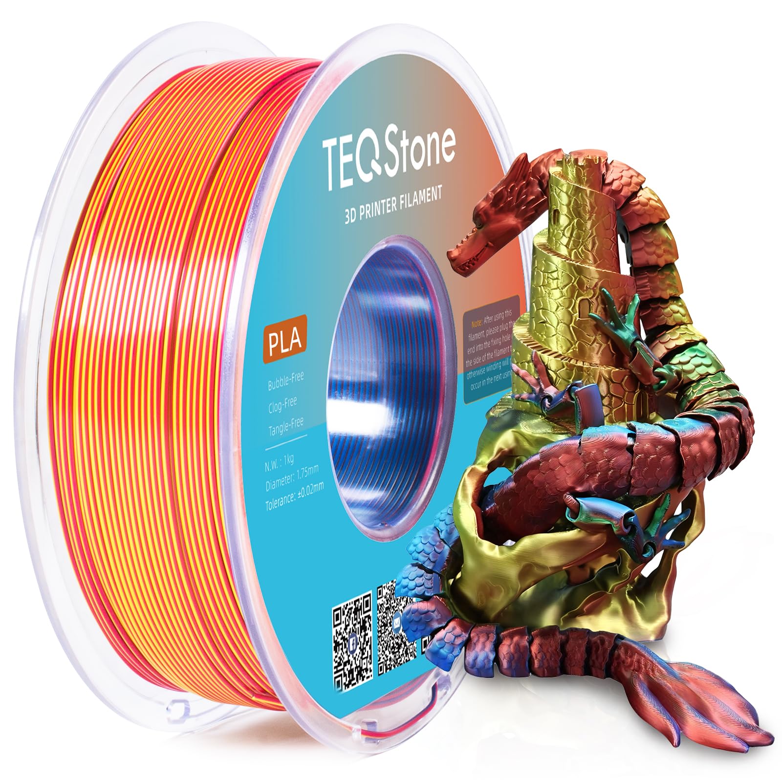 TEQStone Tri Color Silk PLA Filament 1.75mm Red Yellow Blue 1KG, Shiny High Gloss Finish, Seamless Color Transition, Neatly Woun