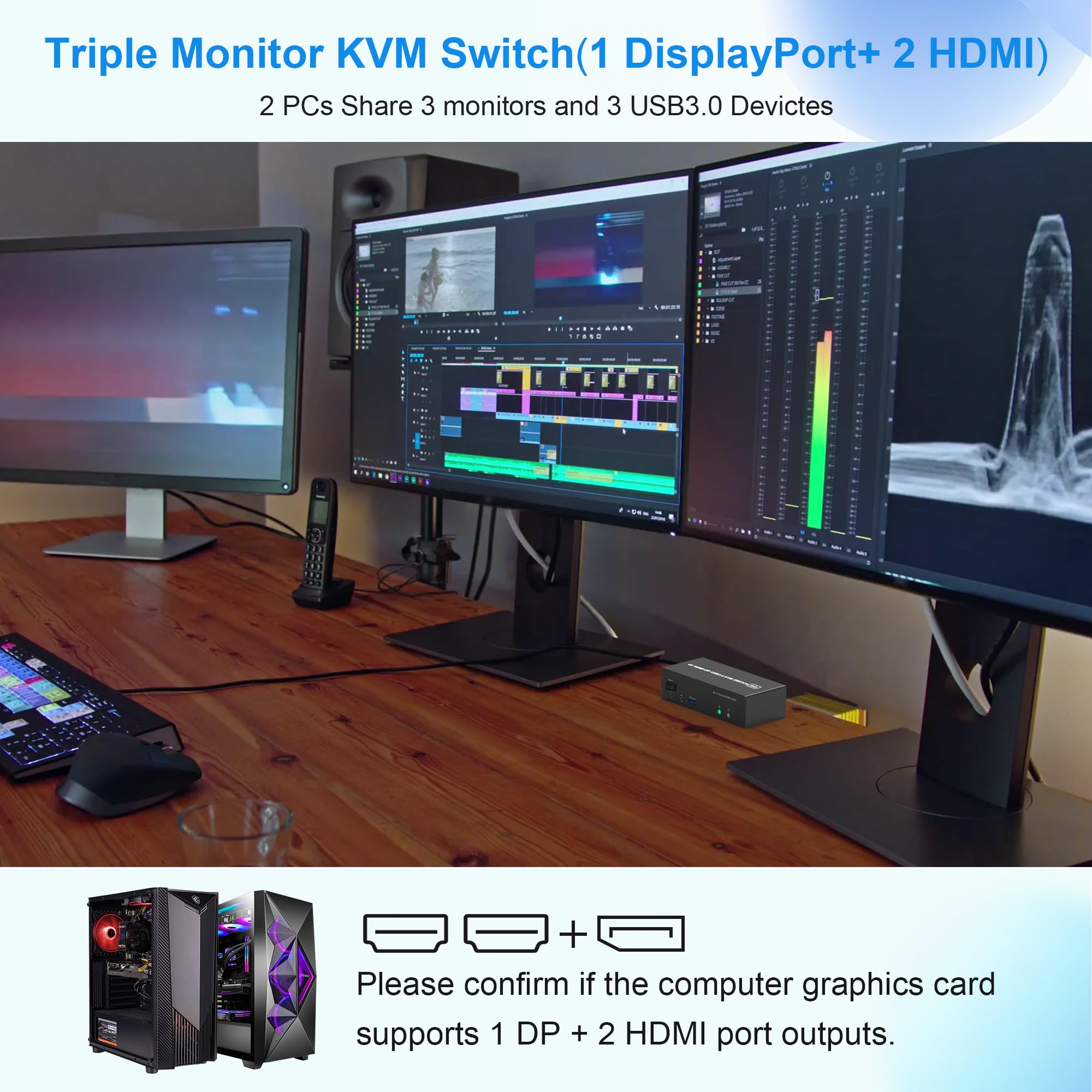 Kvm Switch 3 Monitors 2 Computers 4K@60Hz, 2 Hdmi+Displayport Kvm Switch Triple Monitor For 2 Computer Share 3 Monitor, Audio Mi