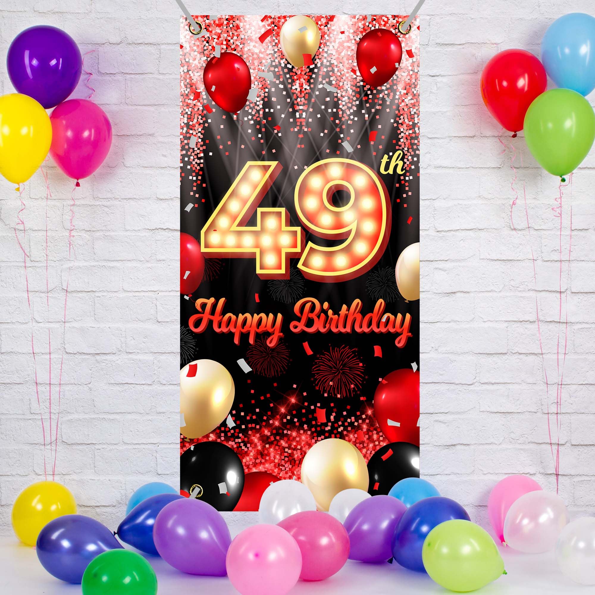 Happy 49Th Birthday Backdrop Banner Black And Red Theme Background With Neon Shiny Fashion Birthday Party Photo Photography Prop