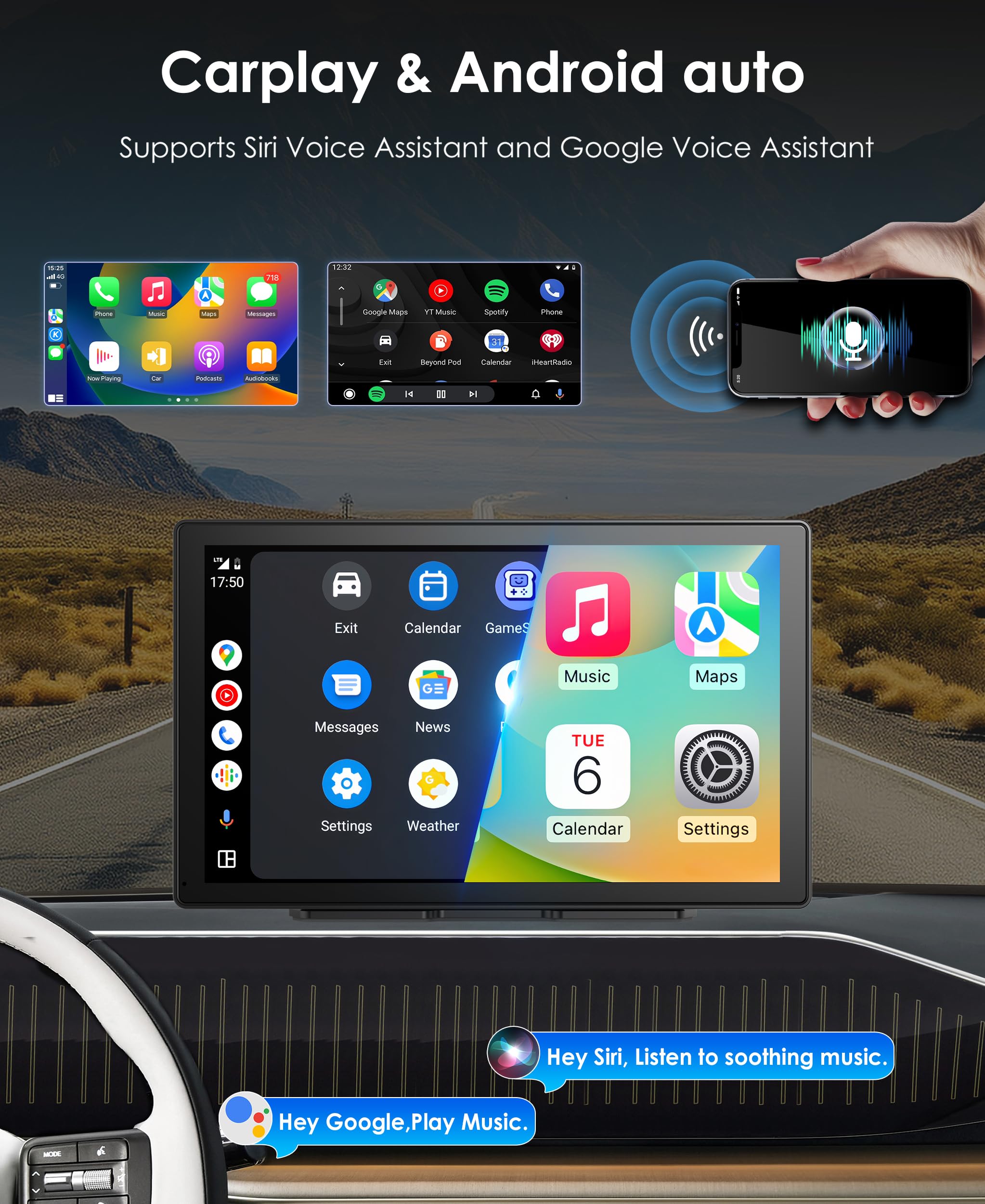 9'' Carplay Screen For Car, Portable Car Stereo With Wireless Carplay & Android Auto, 4K Dash Cam, 1080P Camera, Gps Navigation,