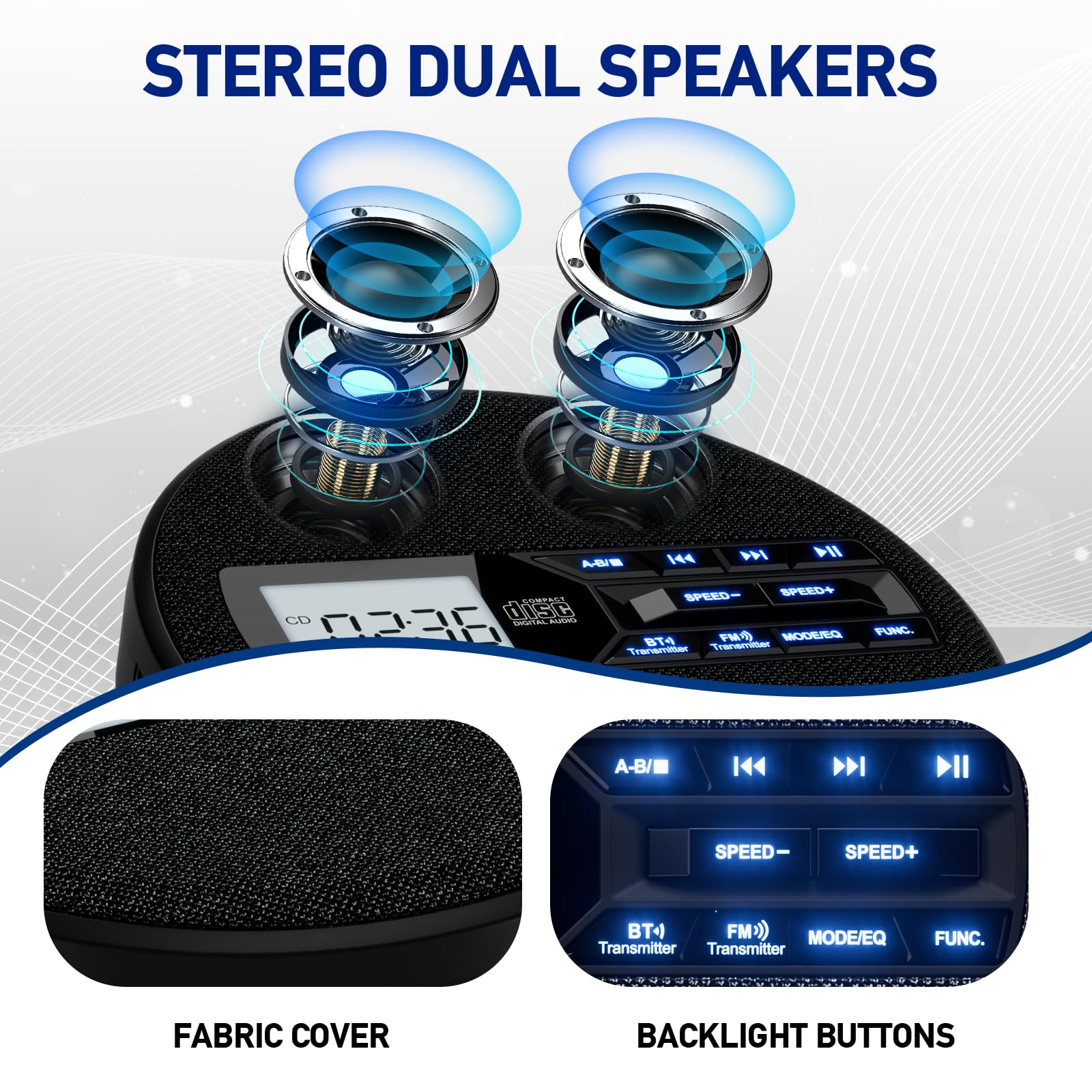 M-Amazup Cd Player Portable, Rechargeable Portable Cd Player With Dual Speakers And Anti Skip,Cd,Dual Bluetooth,Fm Transmission,