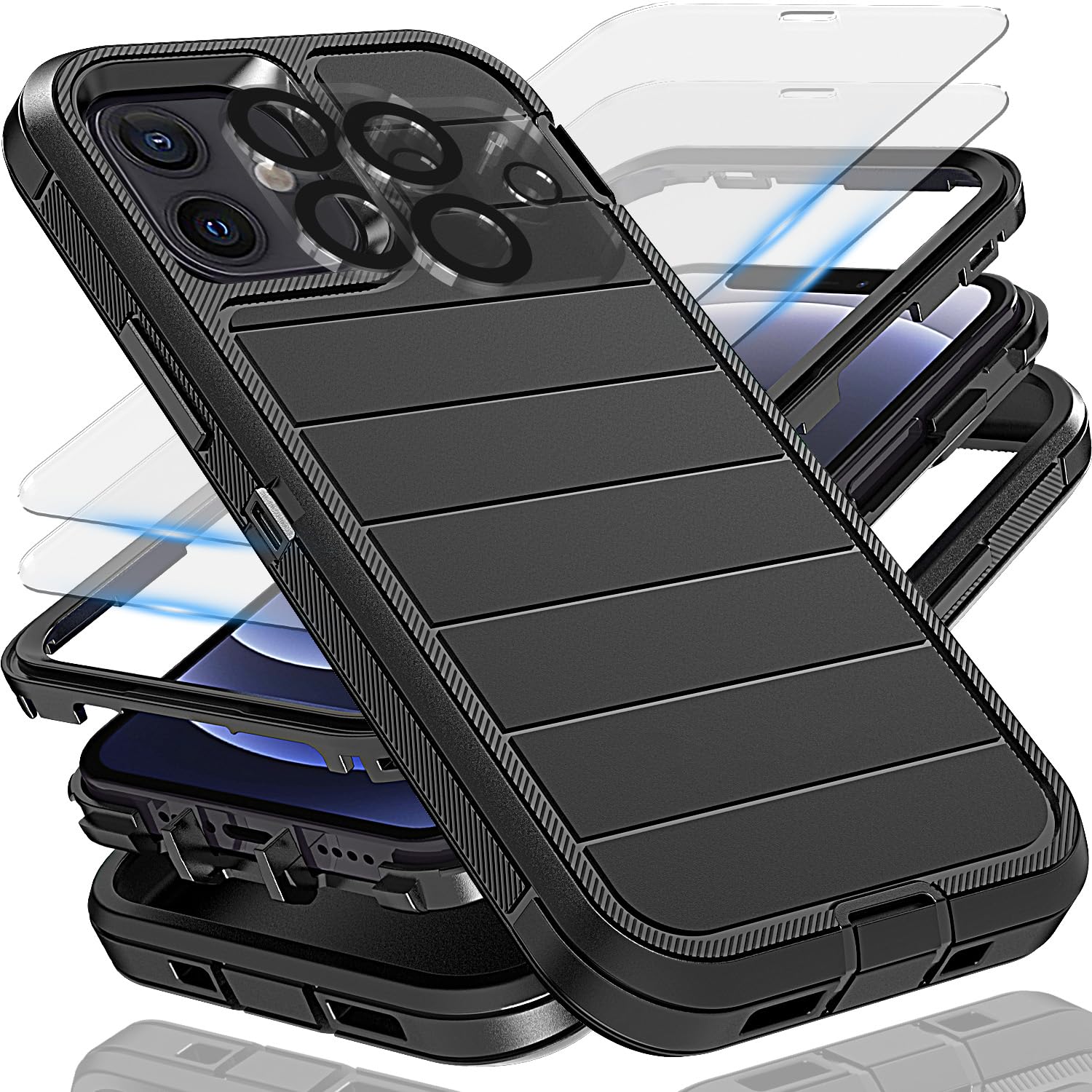 Ymhxcy For Iphone 12 Mini Case, 2X Glass Screen And Camera Protector, 3 In 1 Heavy Duty Shockproof Drop Protection Stripe Rubber