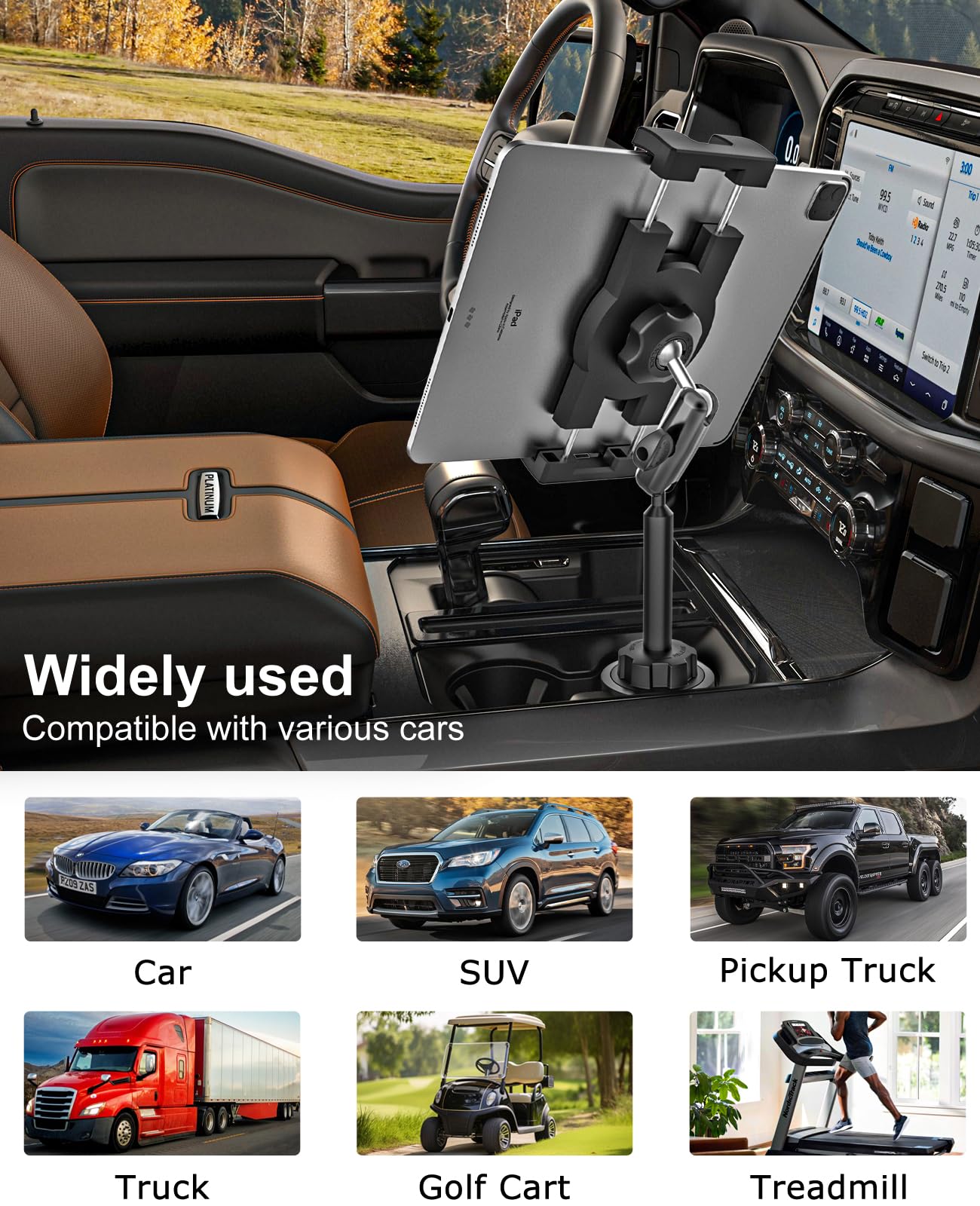 Gdzn Cup Holder Car Tablet Mount For Truck, [Sturdy 2 Section Metal Arm] Car Cup Tablet Holder, Adjustable Vehicle/Pickup Truck