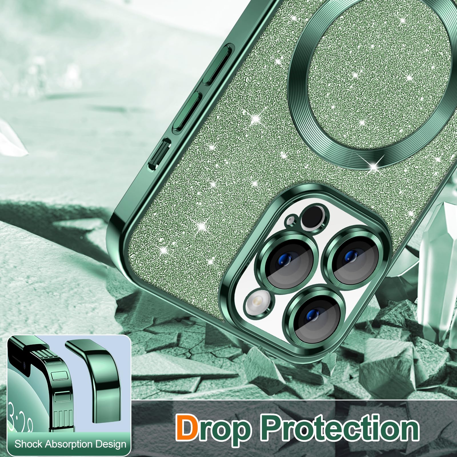 Hython For Iphone 12 Pro Case Glitter, Clear Magnetic Phone Cases With Camera Lens Protector [Compatible With Magsafe] Bling Spa