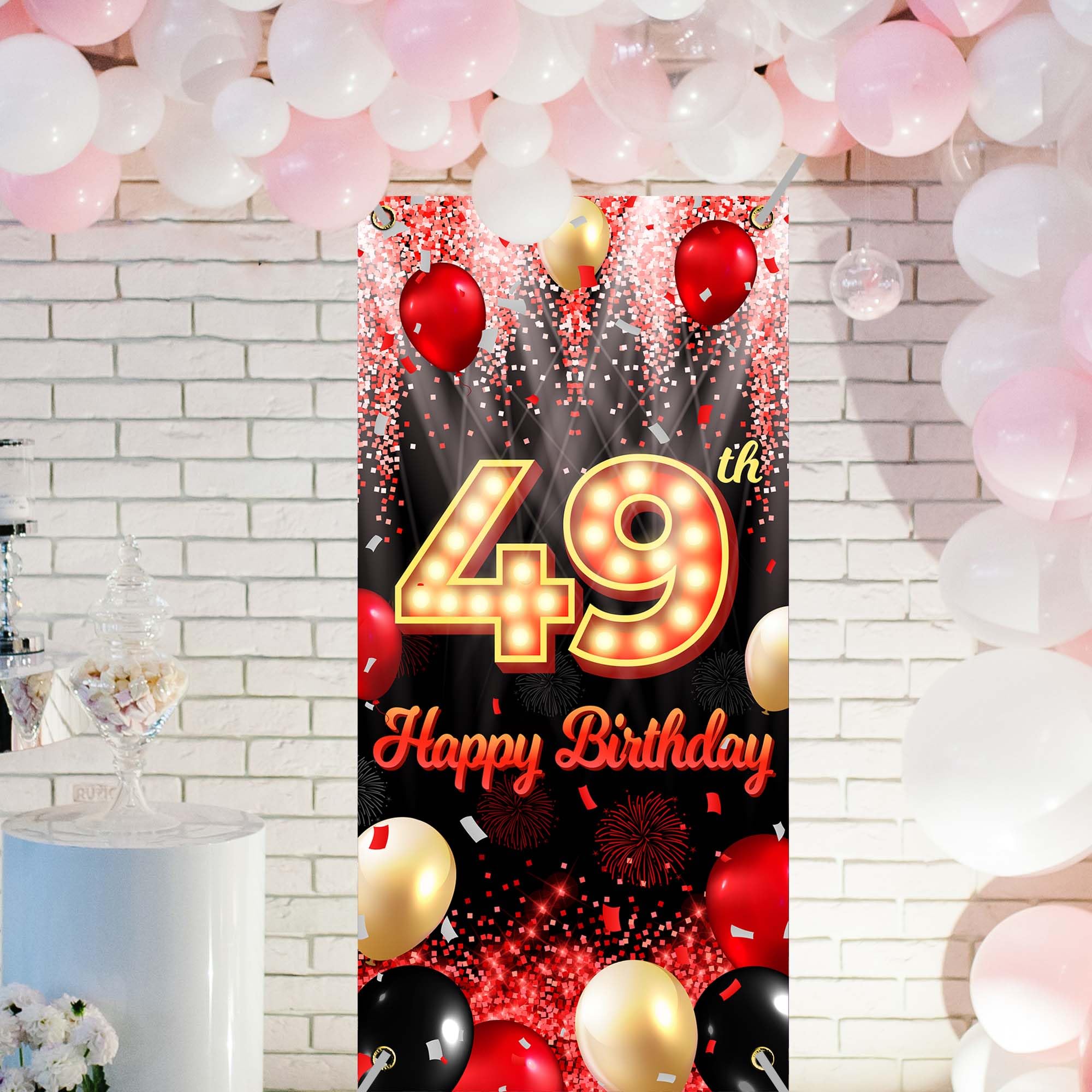 Happy 49Th Birthday Backdrop Banner Black And Red Theme Background With Neon Shiny Fashion Birthday Party Photo Photography Prop