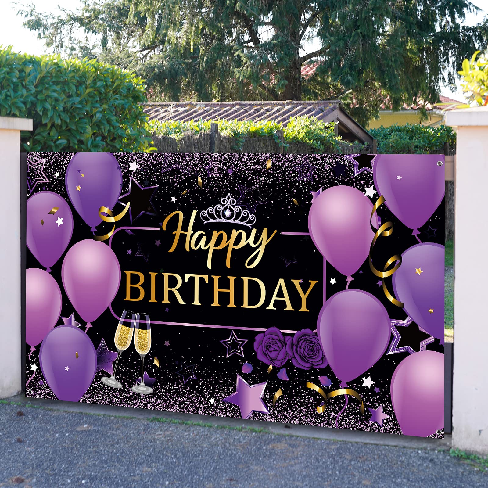 Frienda Purple Birthday Banner Purple Happy Birthday Decorations For Women Backdrop Banner Sign 72.8 X 43.3 Inch Photo Photograp
