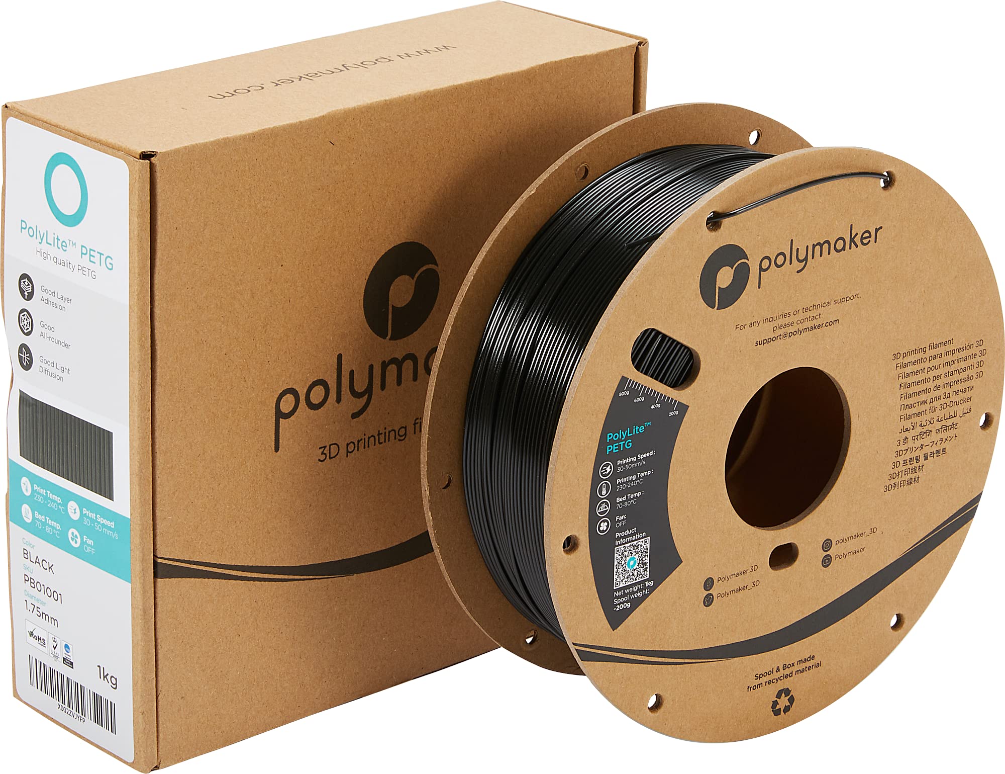 Polymaker Petg Filament 1.75Mm, 1Kg Strong Petg 3D Printer Filament Black   Polylite Petg Black 3D Printing Filament 1.75Mm, Dim