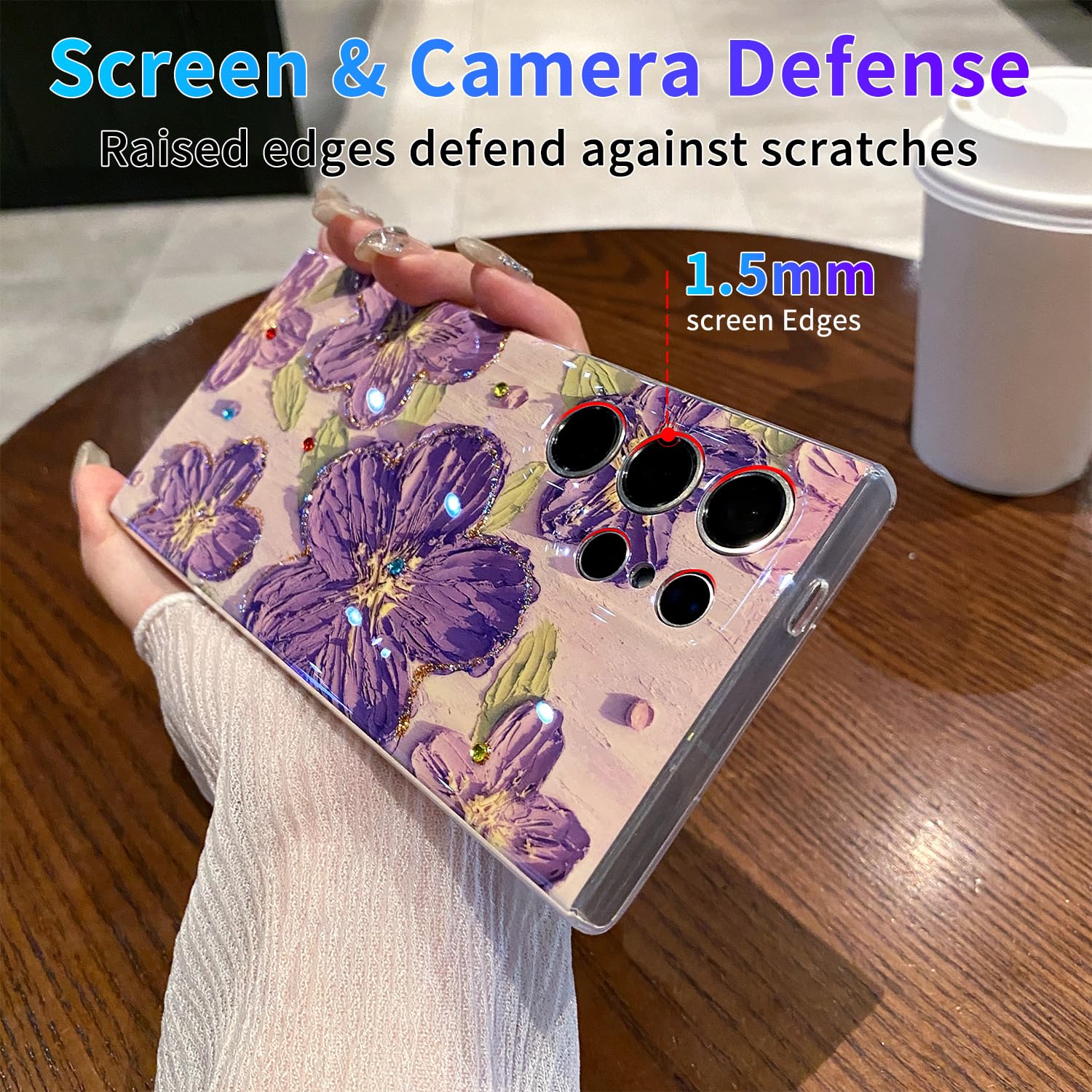 Leleyun Case For Samsung Galaxy S24 Ultra, Retro Oil Painting Printed Flower Cute Pattern With Glitter Gem Phone Cover Durable T