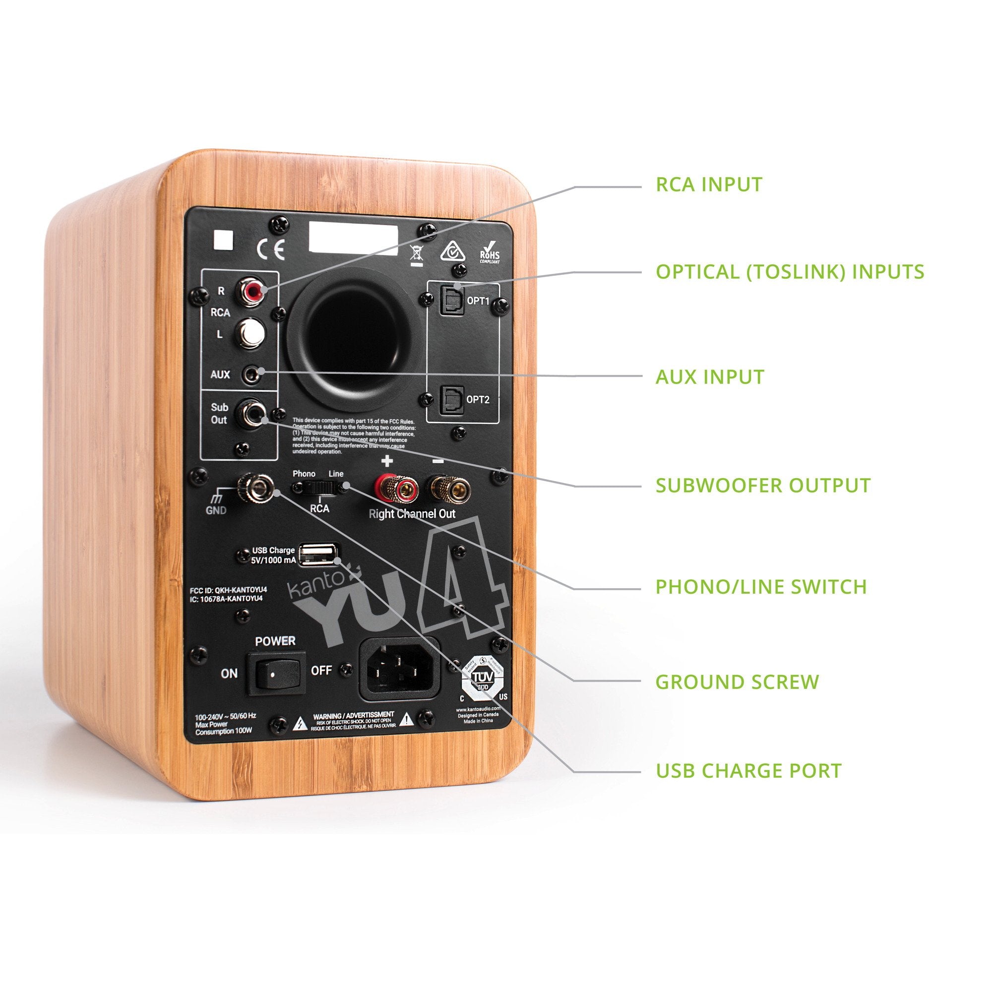 Kanto Yu4Bamboo Powered Speakers With Bluetooth And Built In Phono Preamp | Auto Standby And Startup | Remote Included | 140W Pe