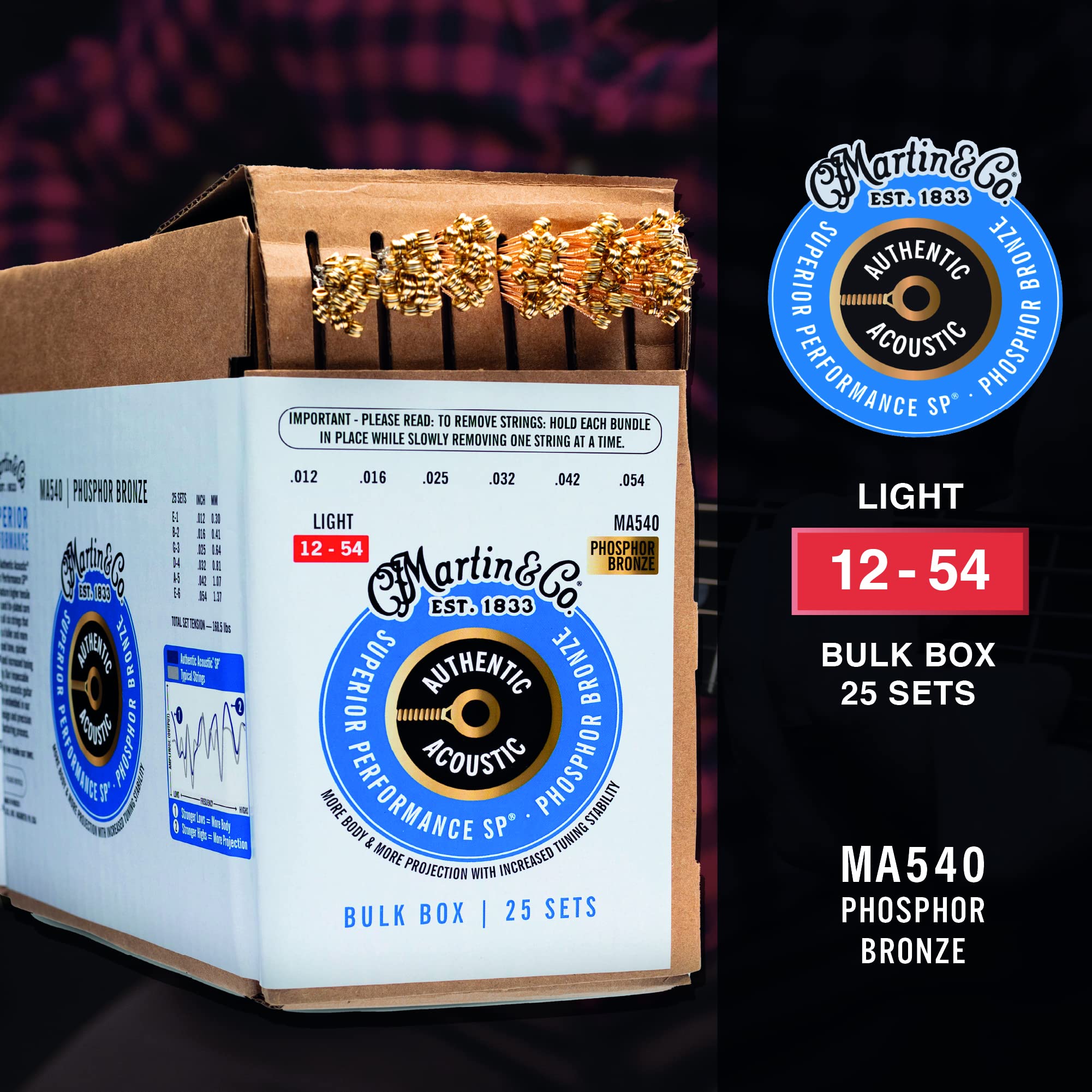 Martin Guitar Authentic Acoustic Sp Ma540 Guitar Strings Set, Acoustic Guitar Accessories, 25 Sets,