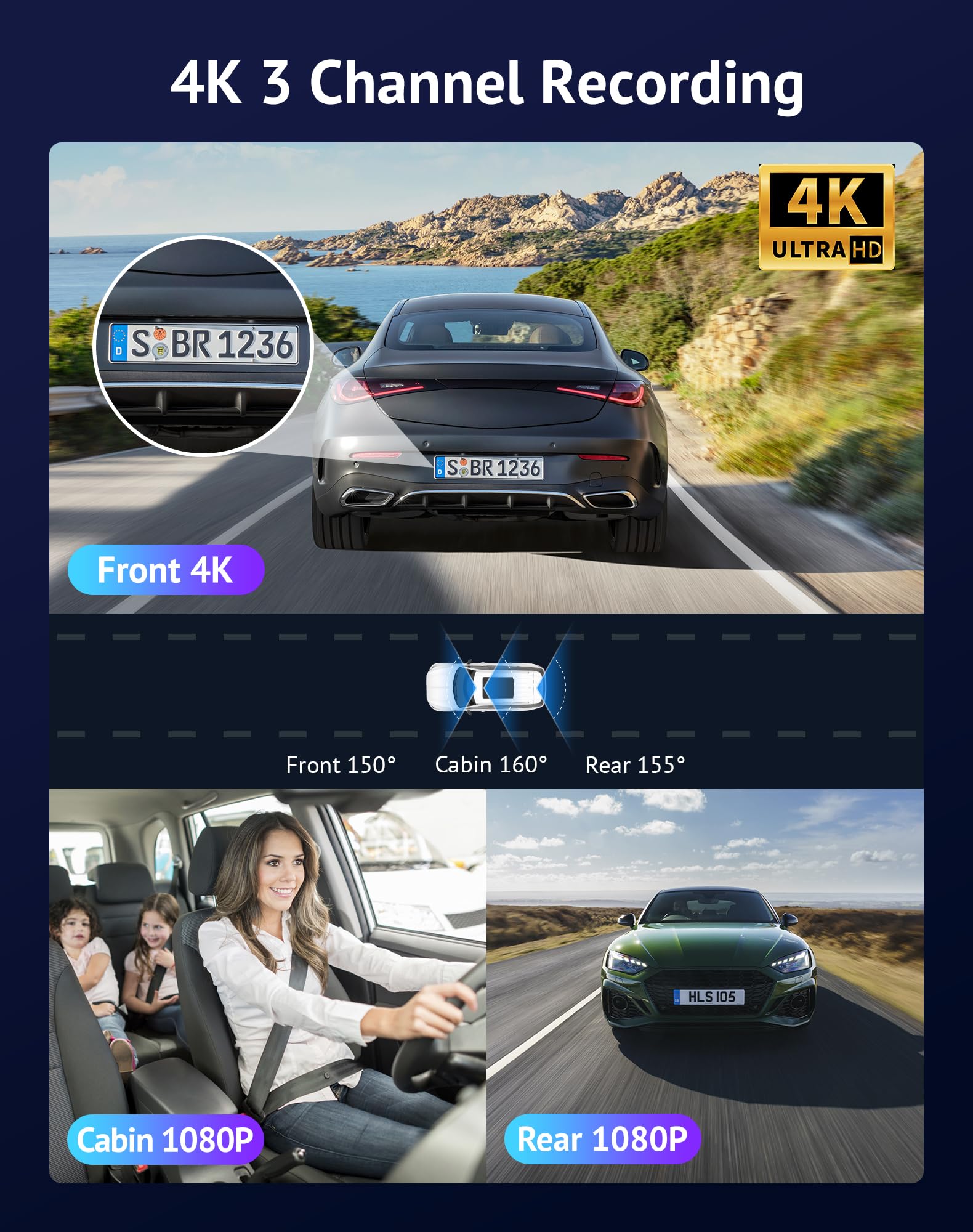 Hugolog 3 Channel Dash Cam 4K+1080P+1080P Hd Triple Dashcam With 5G Wifi, 3'' Ips Touch Screen, Front And Rear Inside Loop Recor