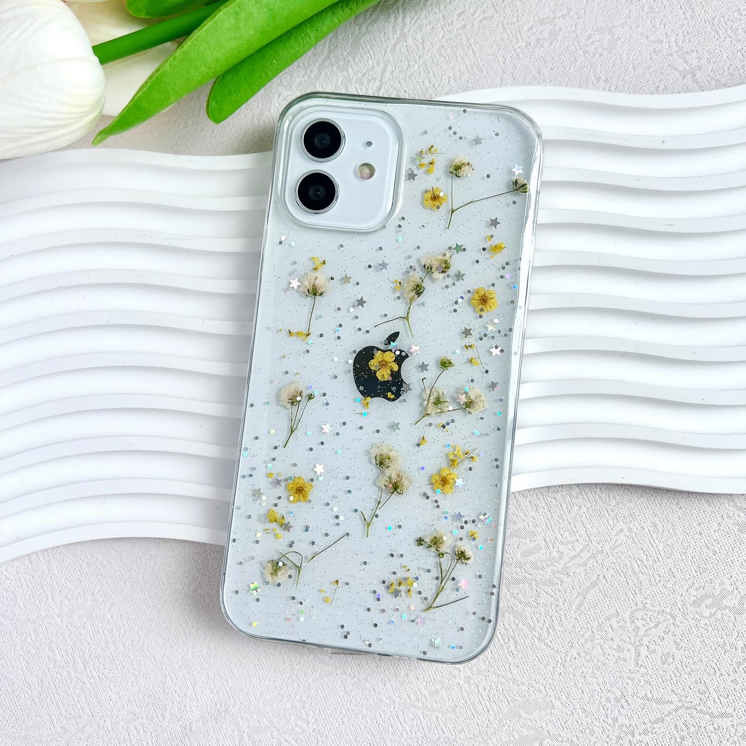 Lseeka For Iphone 12/12 Pro Clear Case With Pressed Real Flowers Design,Glitter Cute Yellow Floral Pattern Slim Soft Tpu Protect