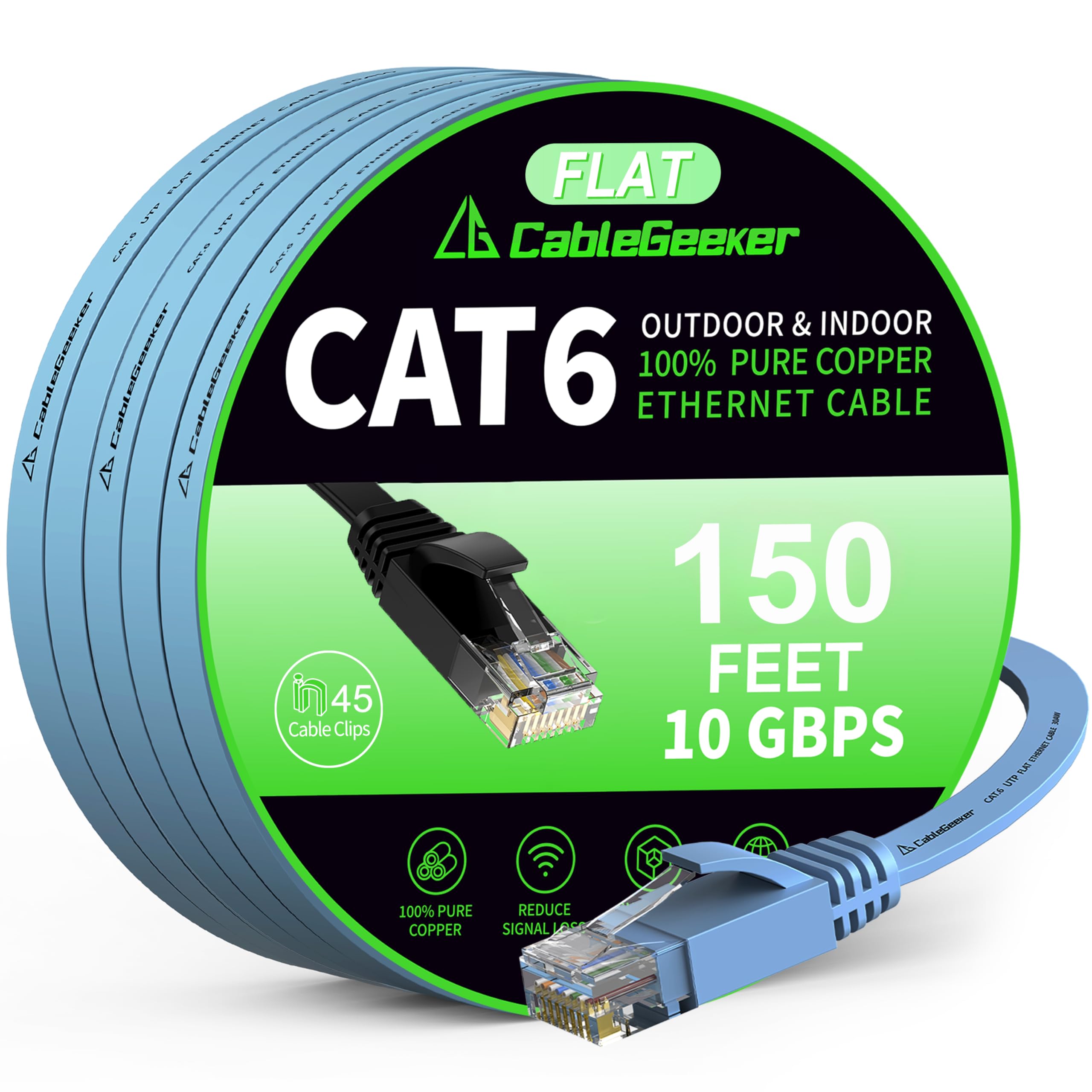 Cat 6 Ethernet Cable 150 ft, Indoor&Outdoor, High Speed 10Gbps Flat Internet Network Cable, Pure Copper Ethernet Patch Cable Lon