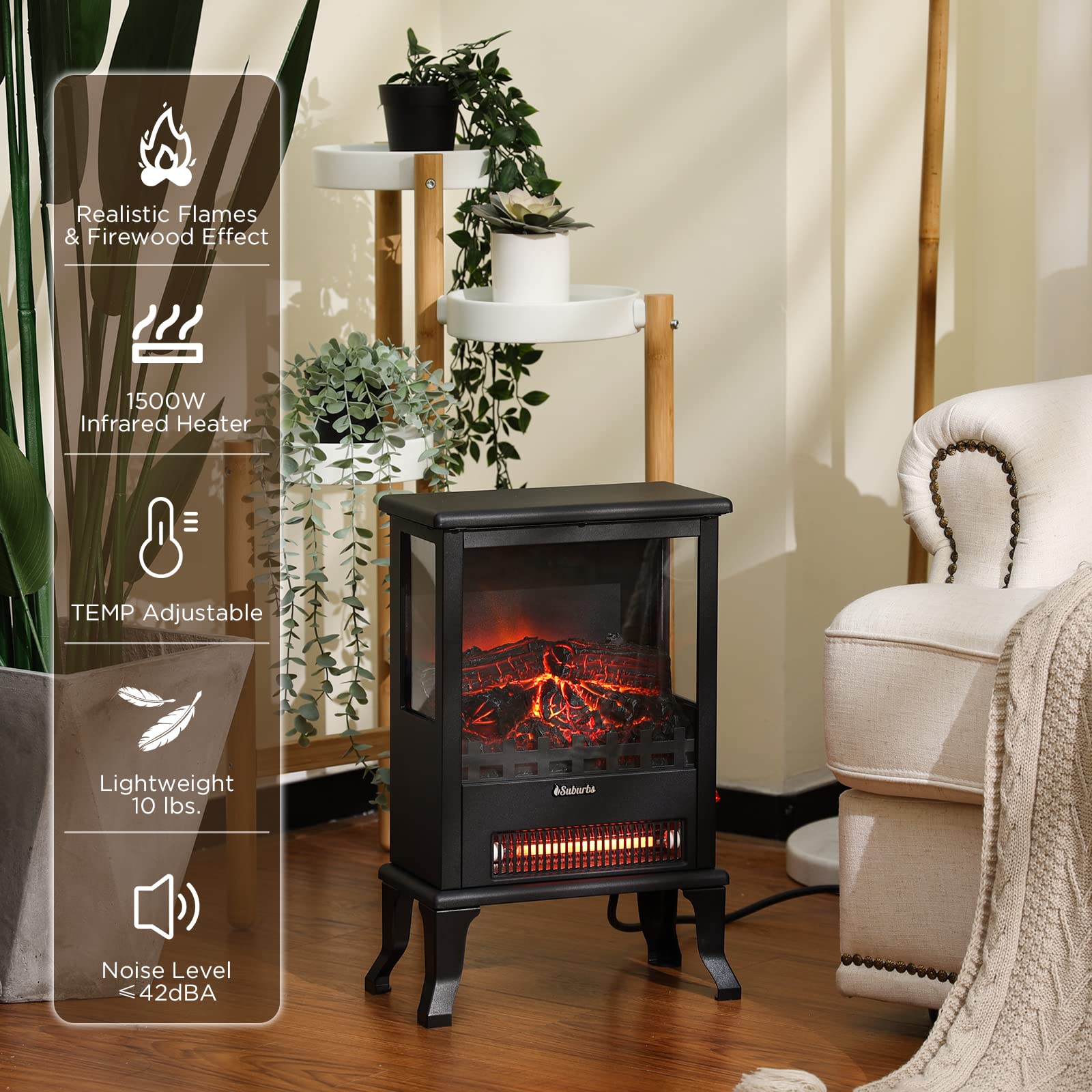 Turbro Suburbs Ts17Q Infrared Electric Fireplace Stove, 19'' Freestanding Stove Heater With 3 Sided View, Realistic Flame, Overh