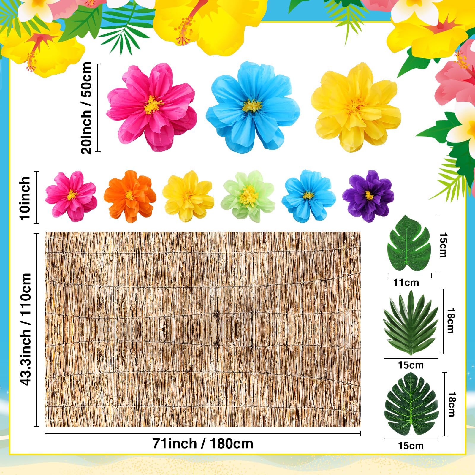 Canlierr 22 Pcs Hawaiian Beach Backdrop With Hawaii Paper Flowers Decorations Set 71 X 43 Inch Hawaiian Backdrop 3D Hibiscus Pap