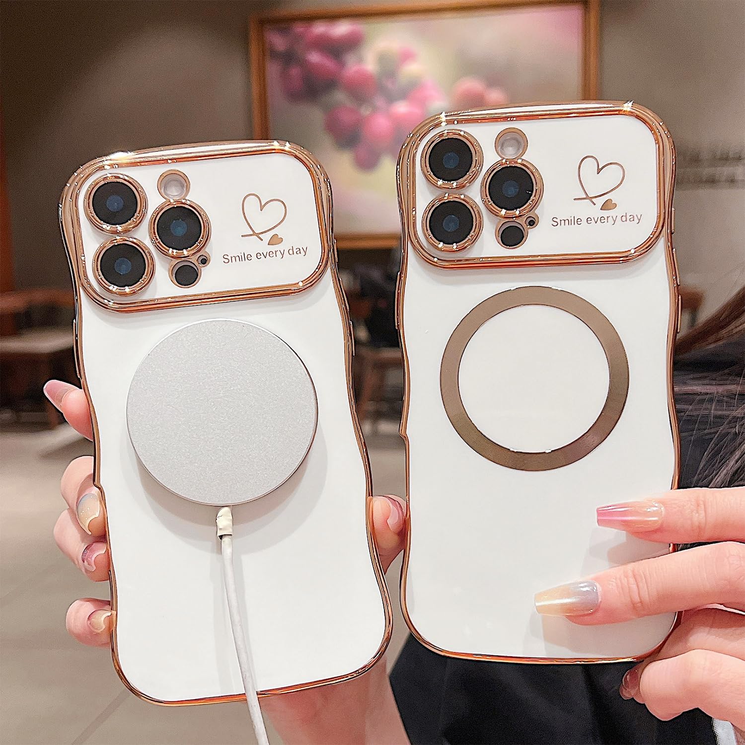 Zonrw For Iphone 16 Pro Case Magnetic,For Women Girls Soft Cute Wave Frame Curly Shape Love Heart Luxury Plating Phone Case Comp