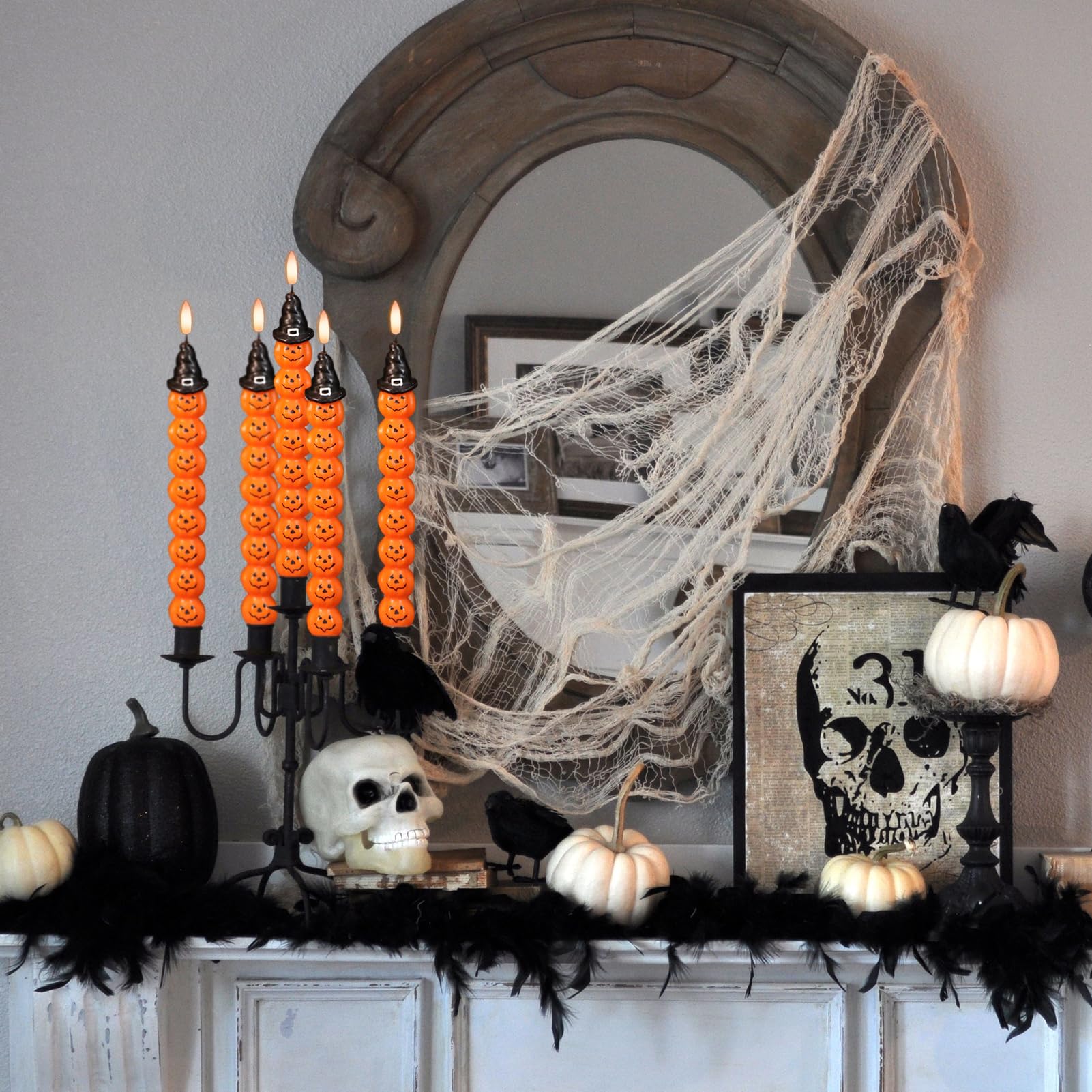 Genswin Halloween Flameless Taper Candles With Timer, 2 Pack Taper Candles Battery Operated, Real Wax Pumpkin Flickering Led Tap