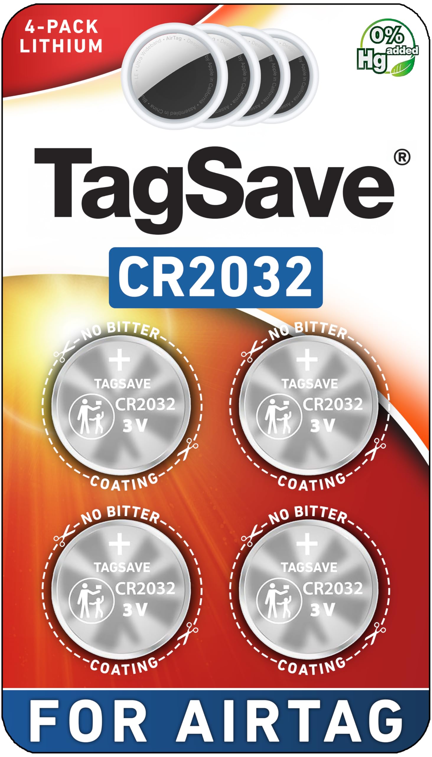 Tagsaver Replacement Batteries For Apple Airtag, Perfectly Fits Airtag, No Bitter Coating, Oem Cr2032 Battery (Pack Of 4)