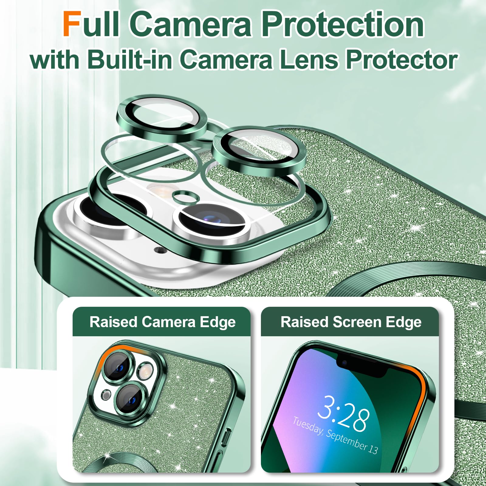 Hython For Iphone 13 Case Glitter, Clear Magnetic Phone Cases With Camera Lens Protector [Compatible With Magsafe] Bling Sparkle