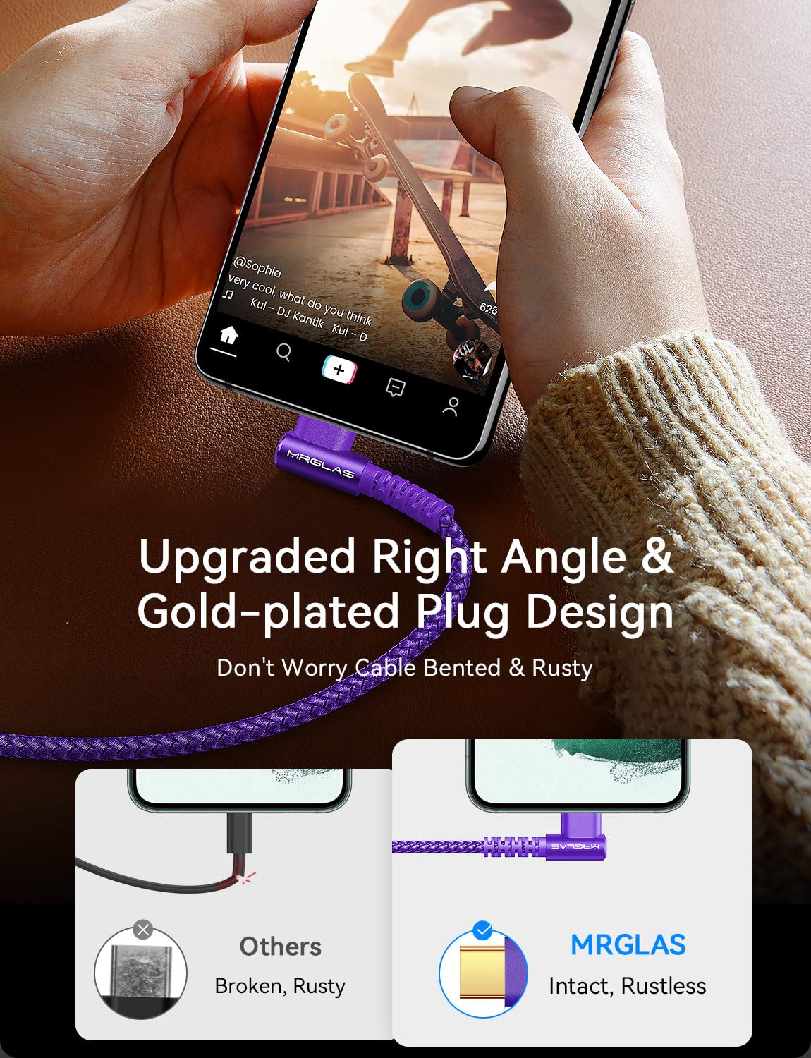 Mrglas Usb A To Usb C Cable 3.2A 2 Pack [90, Gold Plated] 6.6+6.6Ft Type C Charger Right Angle Nylon Braided Fast Charging Cable