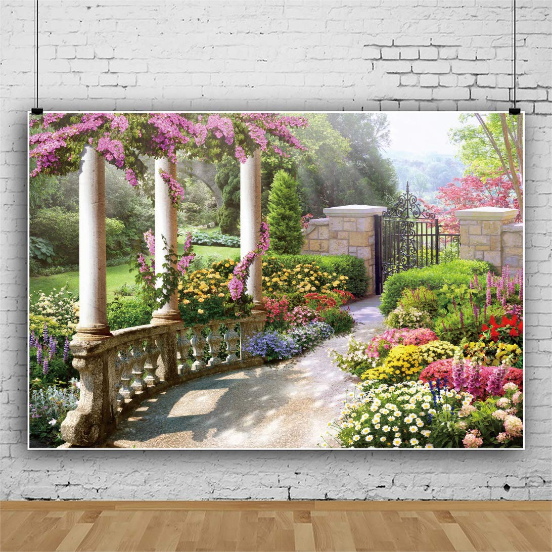 Dorcev 7X5Ft Spring Beautiful Garden Photography Backdrop Vintage Garden Architecture Pillars Blooming Flowers Background Outdoo