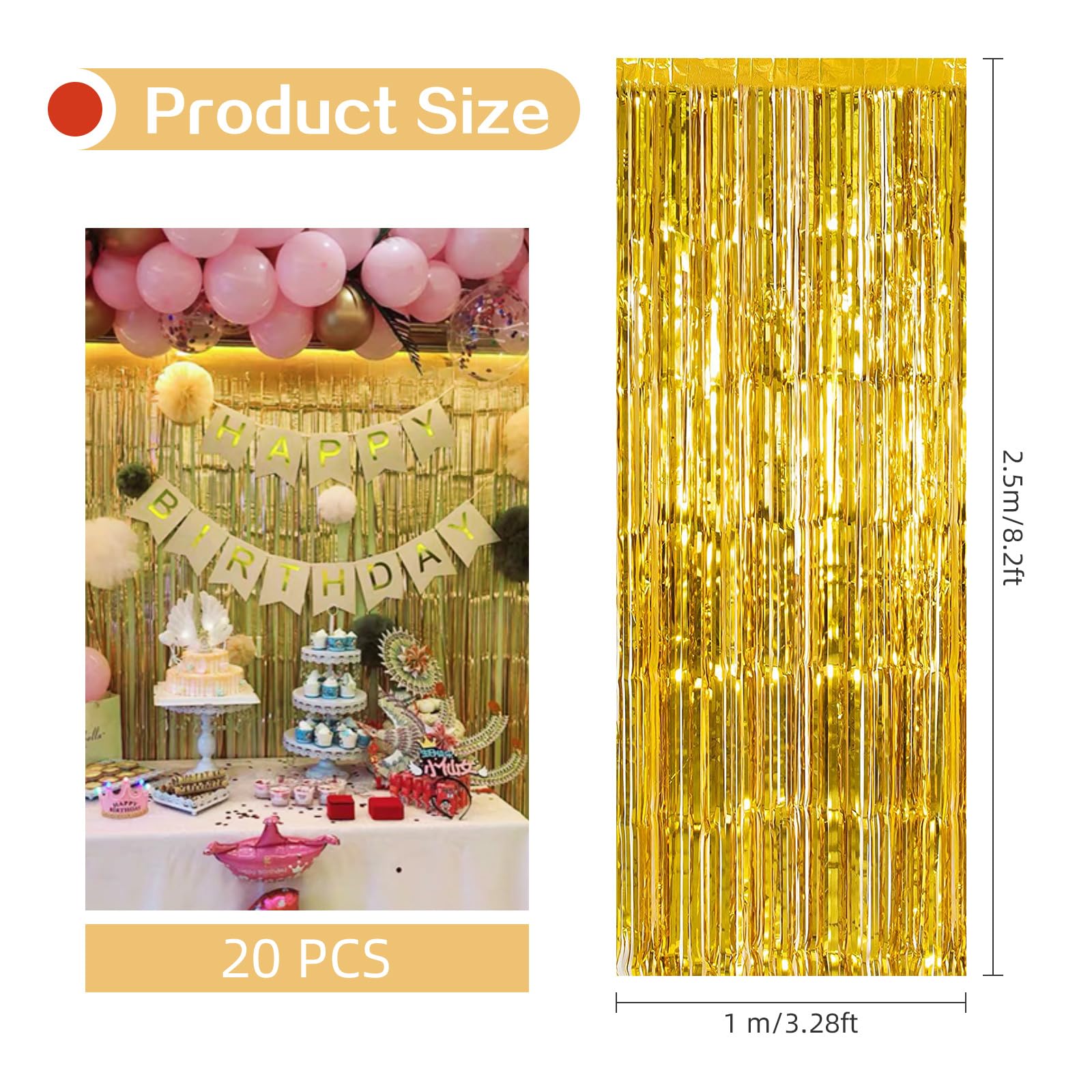 20 Pack Gold Foil Curtain Backdrop 3.2Ft X 8.2Ft Foil Fringe Backdrop Curtain Metallic Tinsel Foil Fringe Curtains Streamer Back