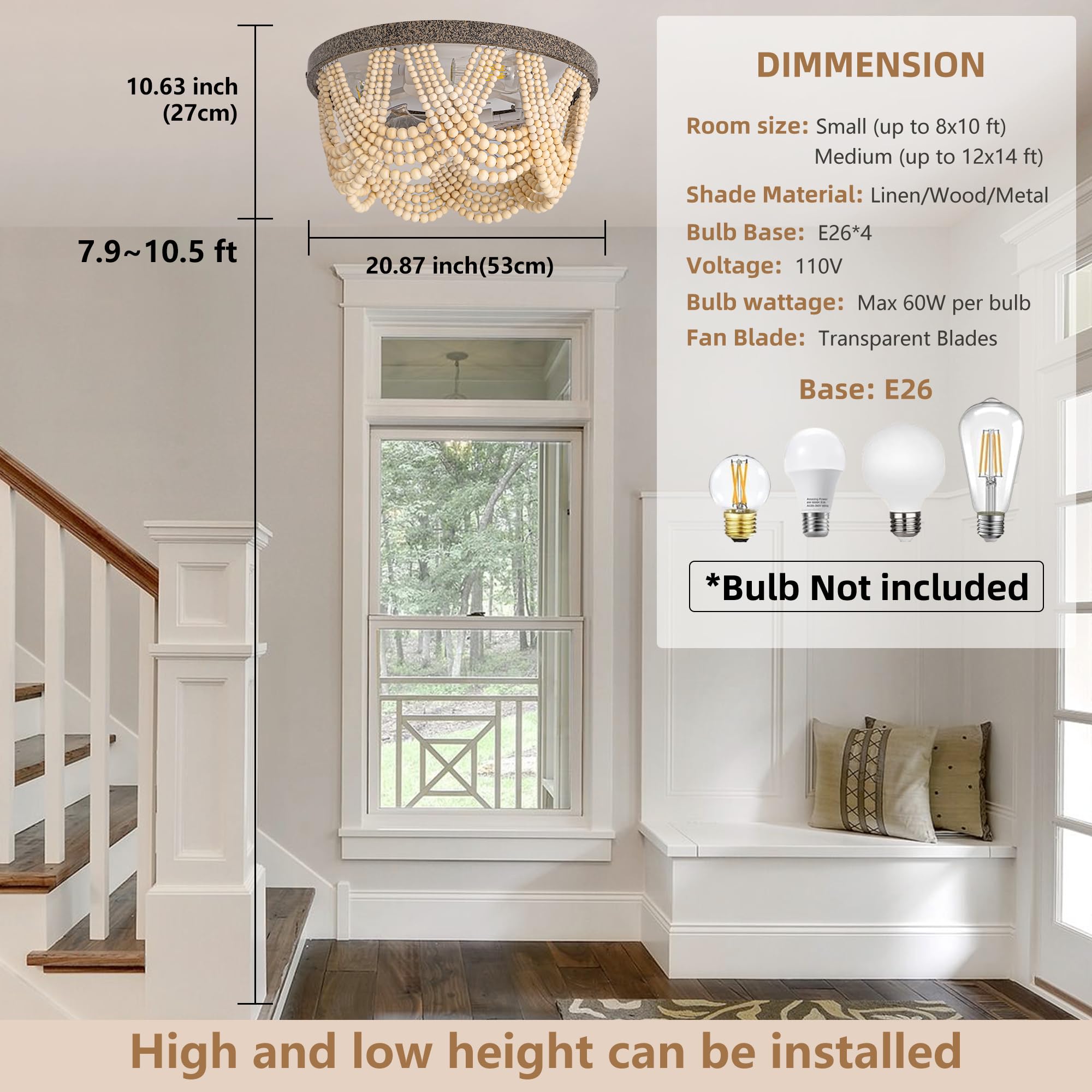 20 Boho Ceiling Fan With Light, Bohemian Caged Ceiling Fan With Lights And Remote Control, Wood Beaded Flush Mount With Reversib