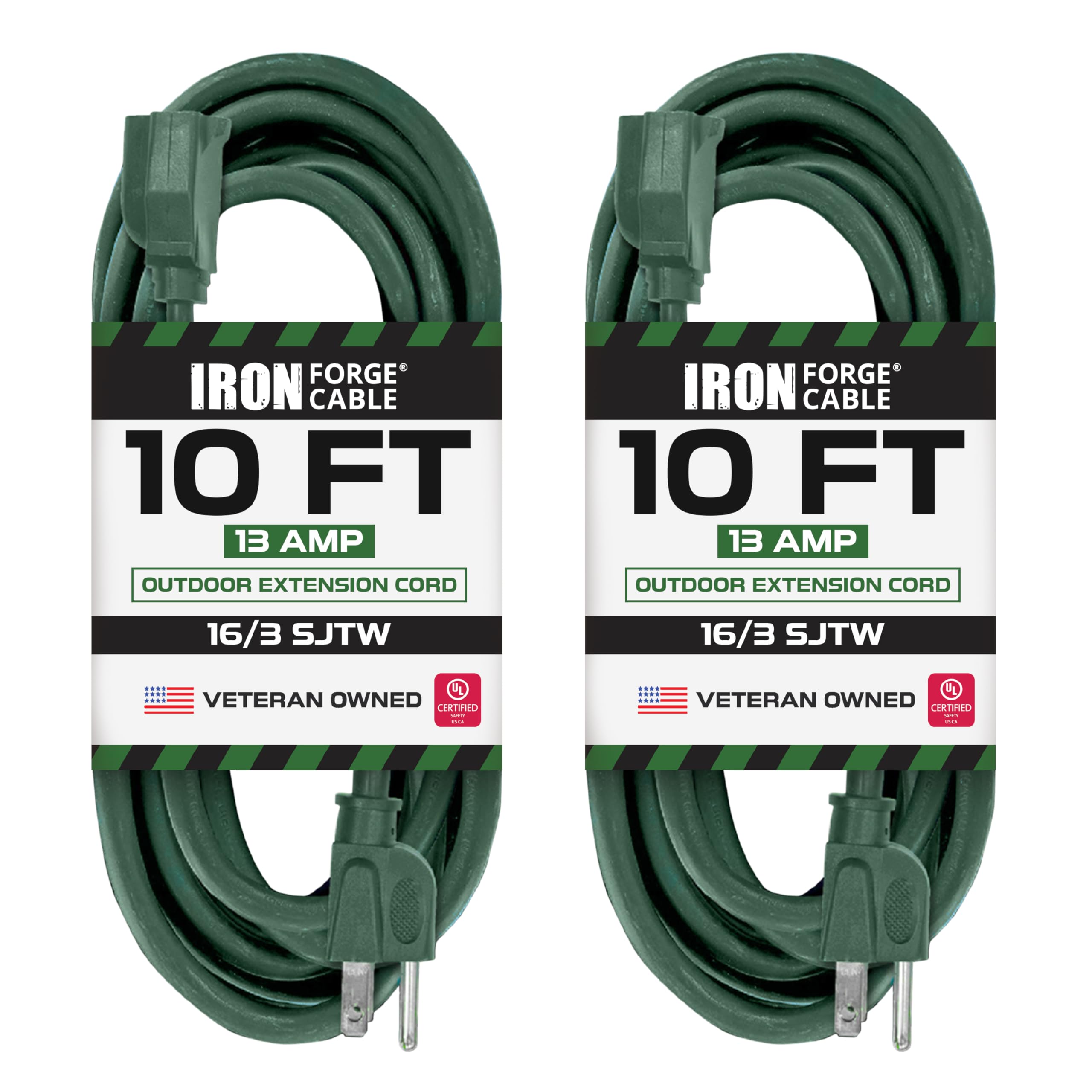 Iron Forge Cable Outdoor Extension Cord 10 Ft 2 Pack   16/3 Sjtw Green Extension Cord Outdoor/Indoor With 3 Prong   Weatherproof