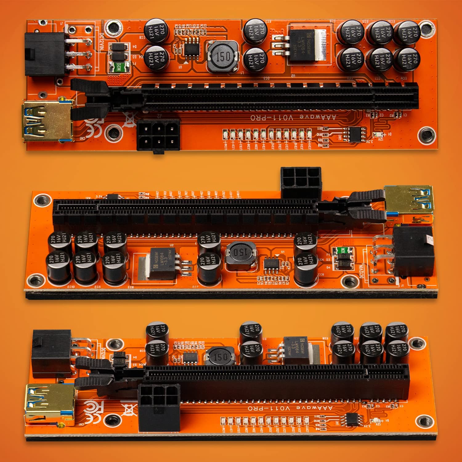 Aaawave Pcie Riser Ver 011 Pro 1X To 16X Graphic Extension For Gpu Mining 60Cm Usb 3.0 Cable, 10 Solid Capacitors, 12 Led Lights