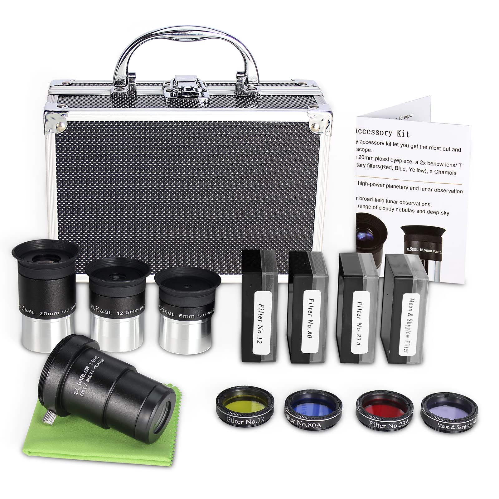 Celticbird Astronomical Telescope Accessory Kit   With 3Pcs Plossl Eyepieces Set, 4Pcs Filter Set, A 2X Barlow Lens