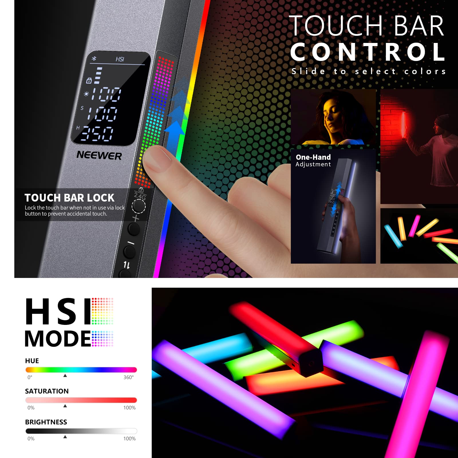 Neewer Rgb Led Video Light Stick, Touch Bar & App Control, Magnetic Handheld Photography Light, Dimmable 3200K~5600K Cri98+ Full