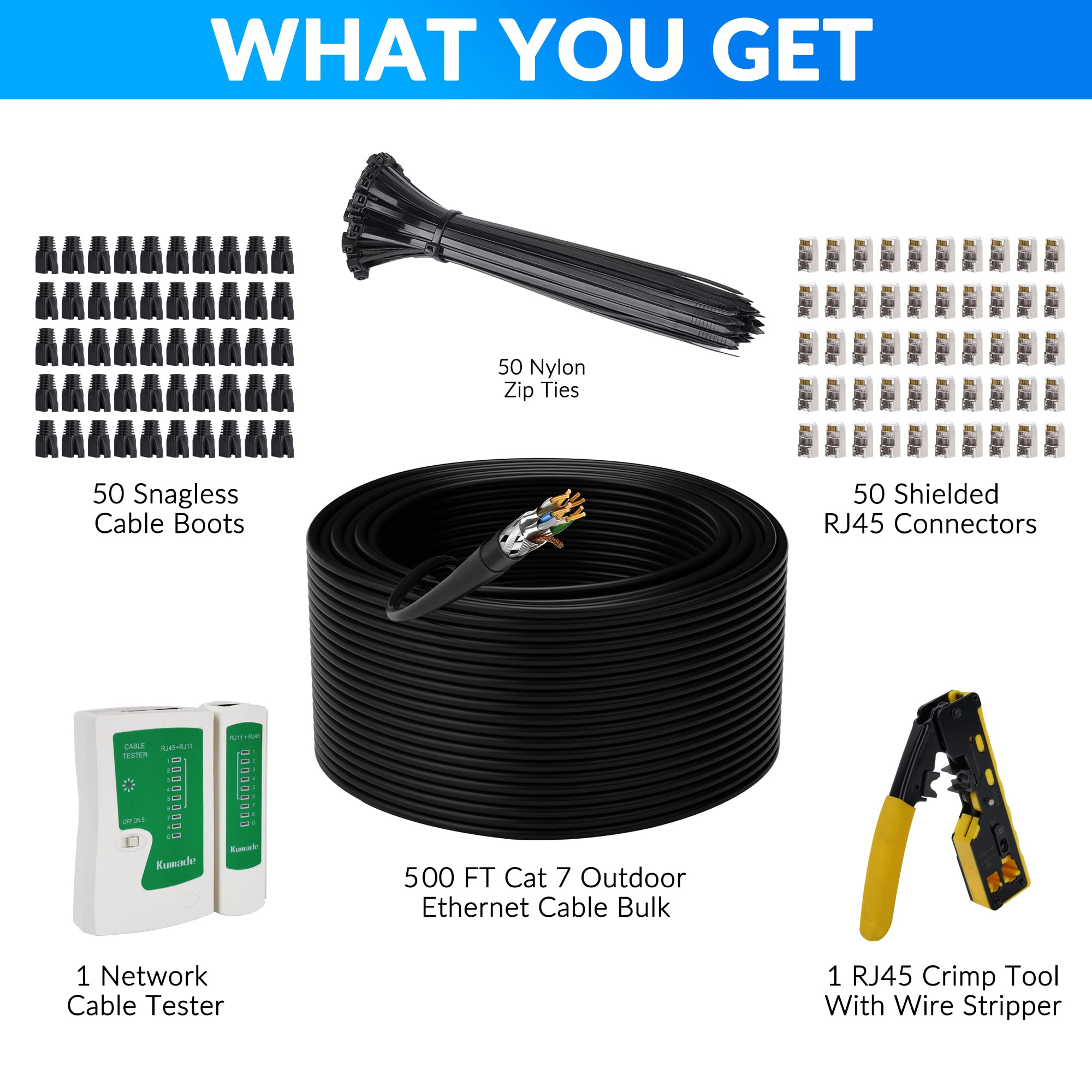 Cat 7 Outdoor Ethernet Bulk Cable 500 Ft With Tool Kits, Adoreen 10Gbps Heavy Shielded Internet Cable,24Awg Solid Copper,Poe,Ul