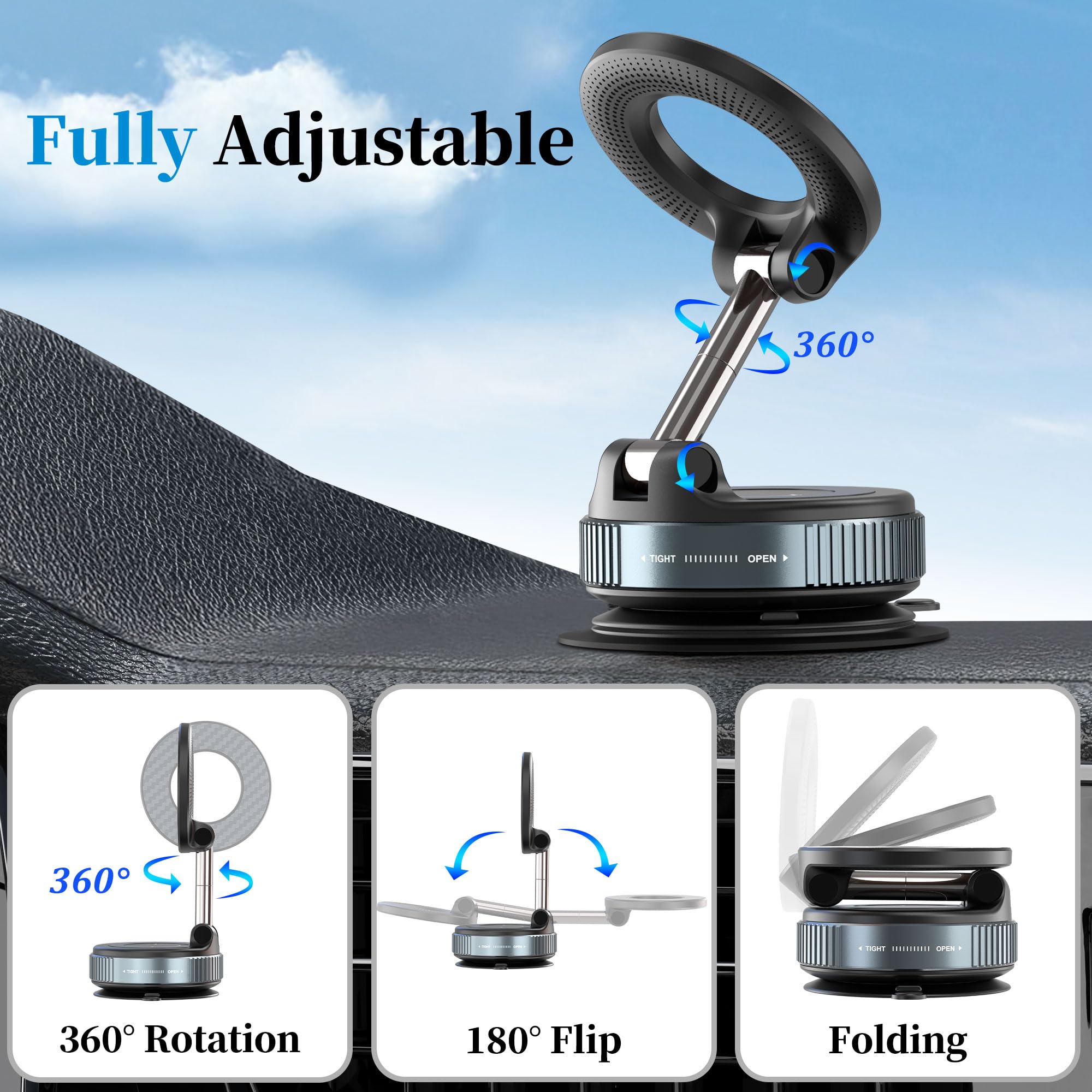 Plusacc Vacuum Magnetic Phone Holder For Car - Suction Cup Phone Mount 360 Rotatable Foldable Portable Strong Magnet Stand For I