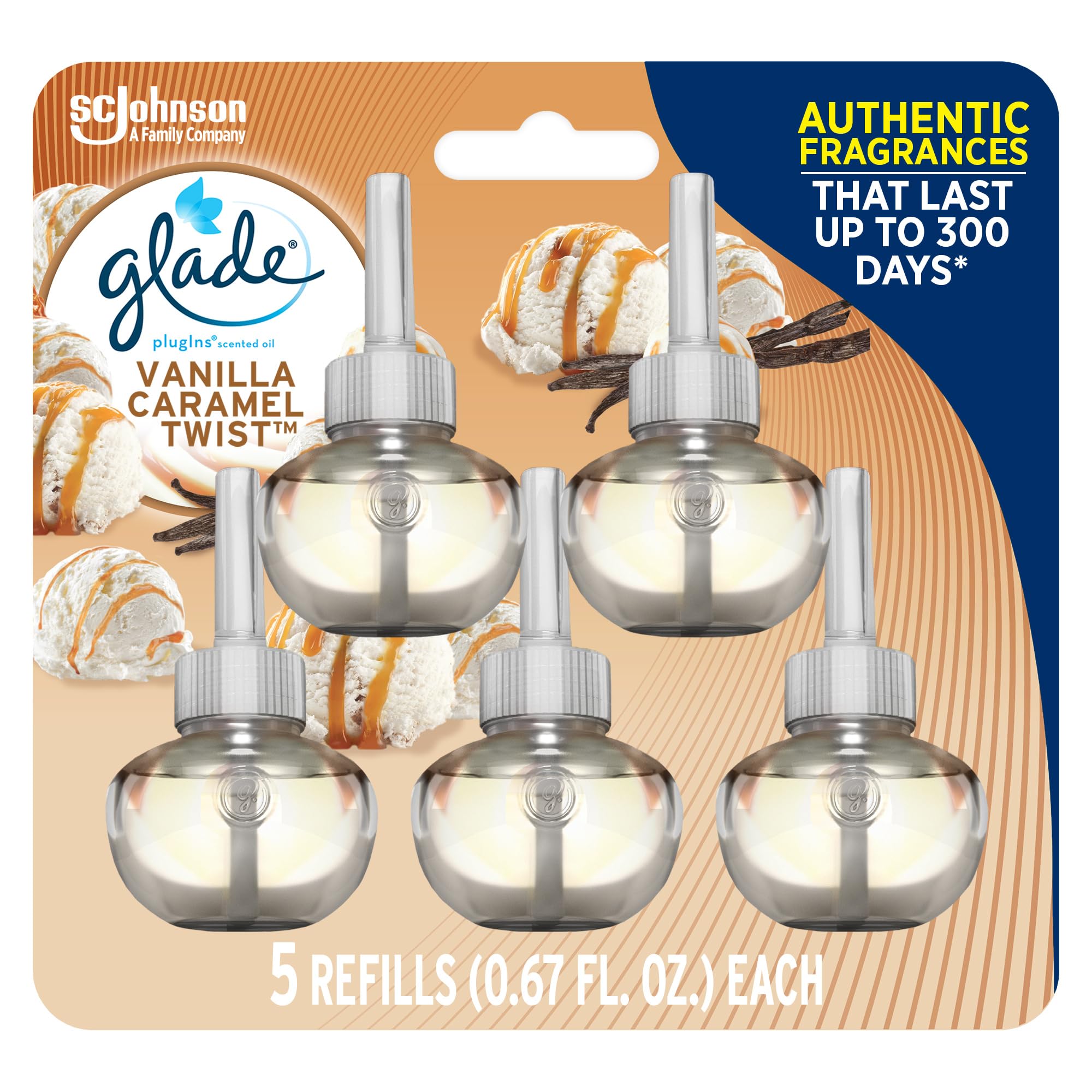 Glade Plugins Refills Air Freshener, Scented And Essential Oils For Home And Bathroom, Vanilla Caramel Twist, 3.35 Fl Oz, 5 Coun