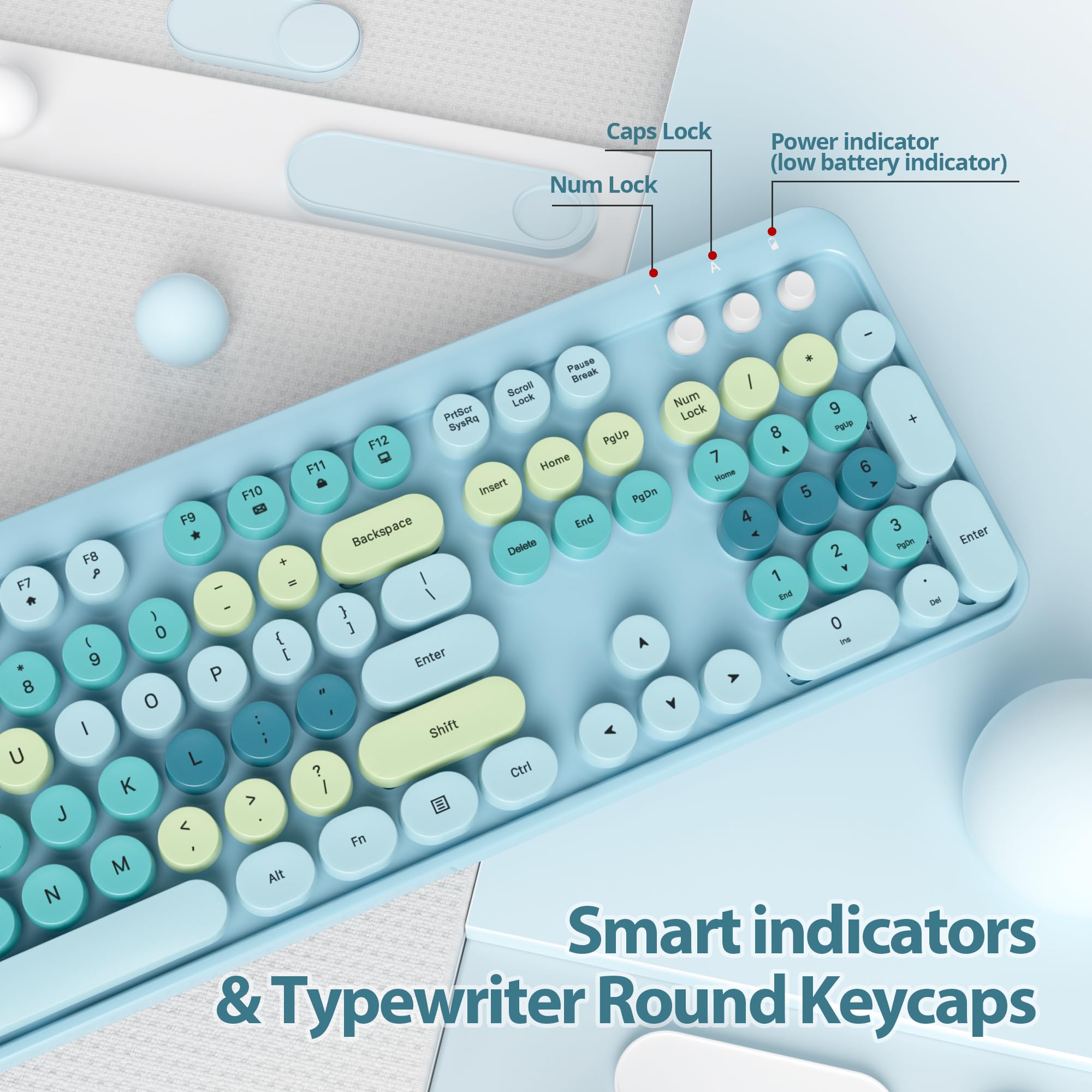 Fogruaden Blue Keyboard And Mouse Wireless, Retro Typewriter Keyboard, 2.4Ghz 104 Keys Full Size Cute Keyboard With Number Pad,